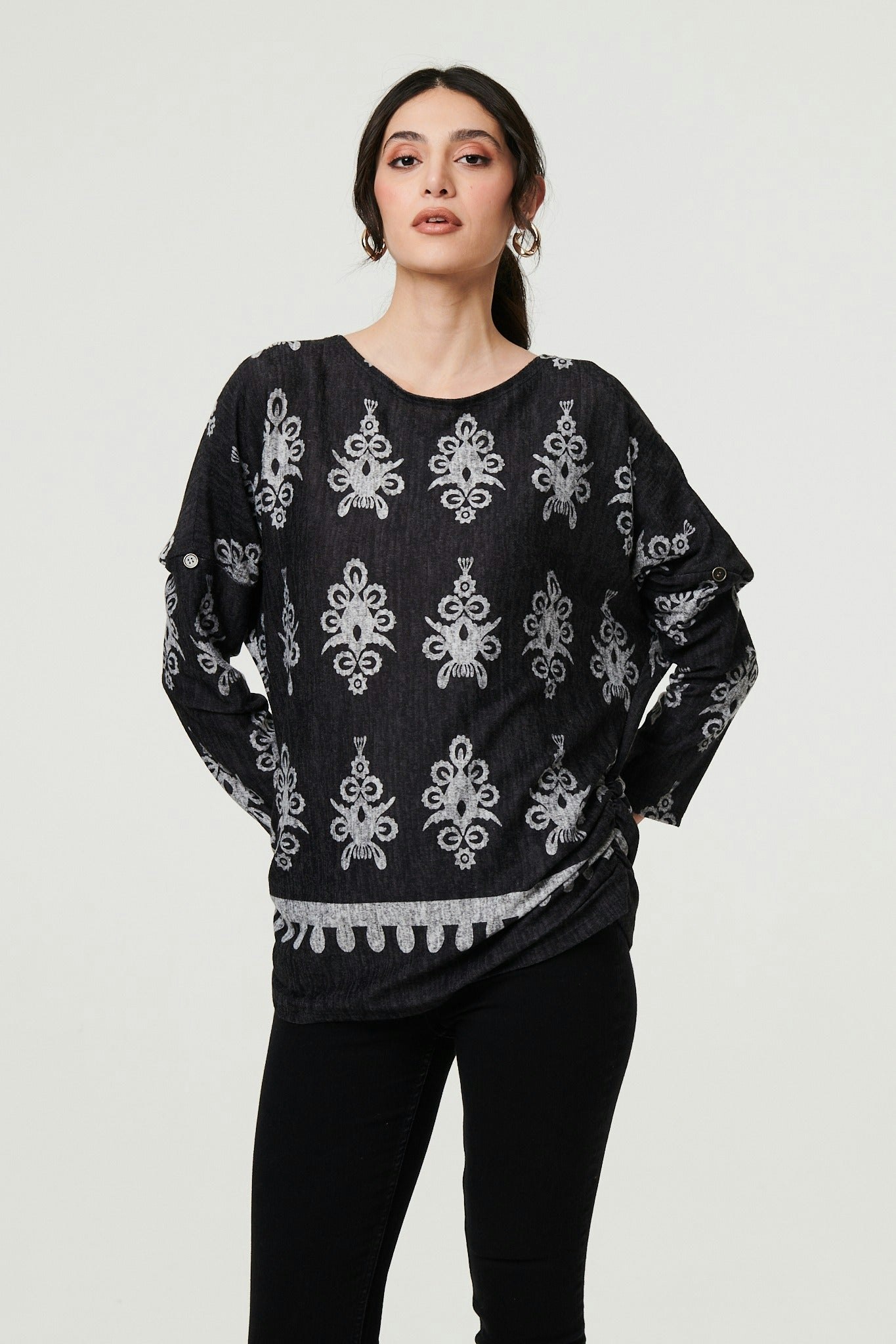 Izabel London Black Printed Long Sleeve Relaxed Top - L
