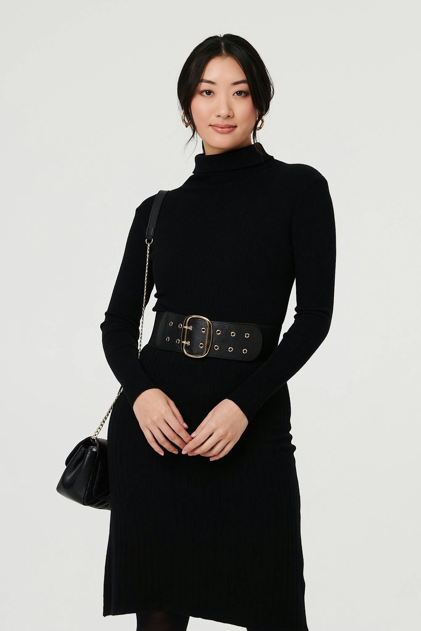 Izabel London Black Oval Double Eyelet Stretch Wide Belt - One