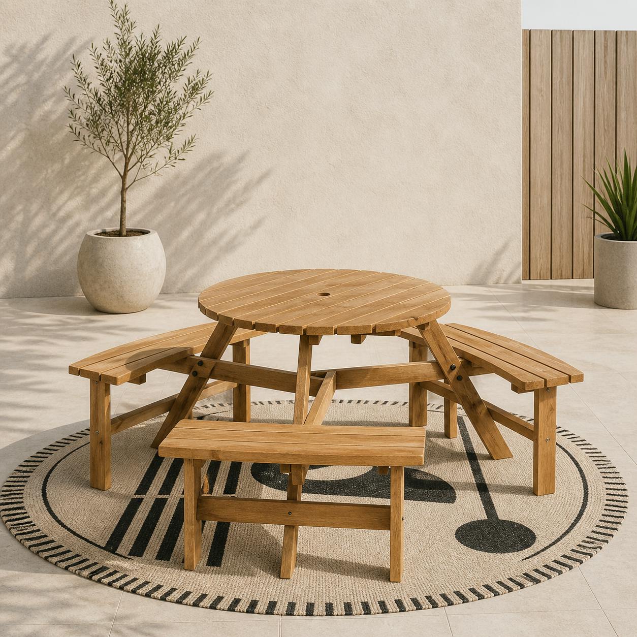 Rackhams Brown/Red Bare Wood 6 Seater Round Picnic Table With 3 Benches And Parasol Hole