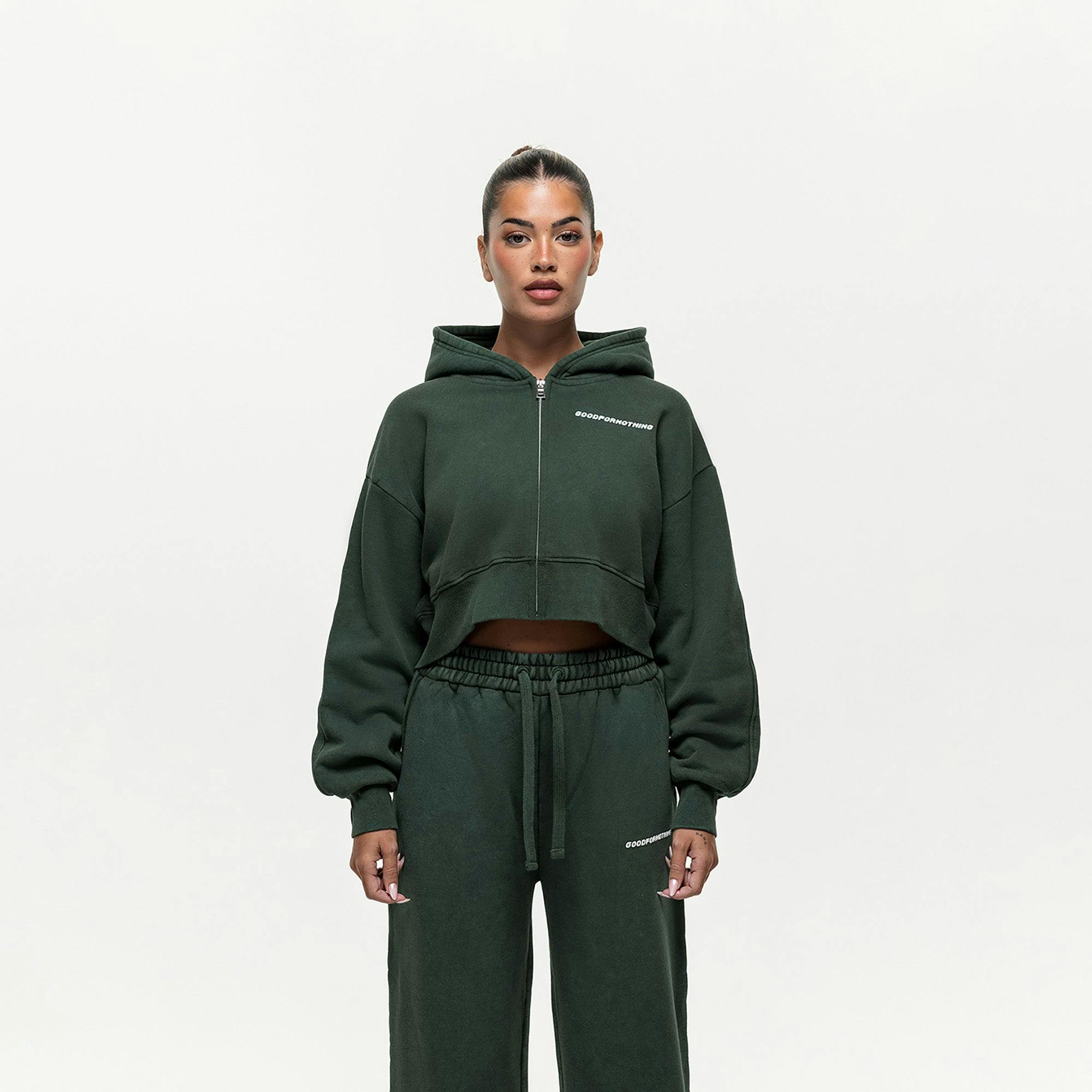 Good For Nothing Green Vintage Wash Cropped Zip Through Hoodie - Xs