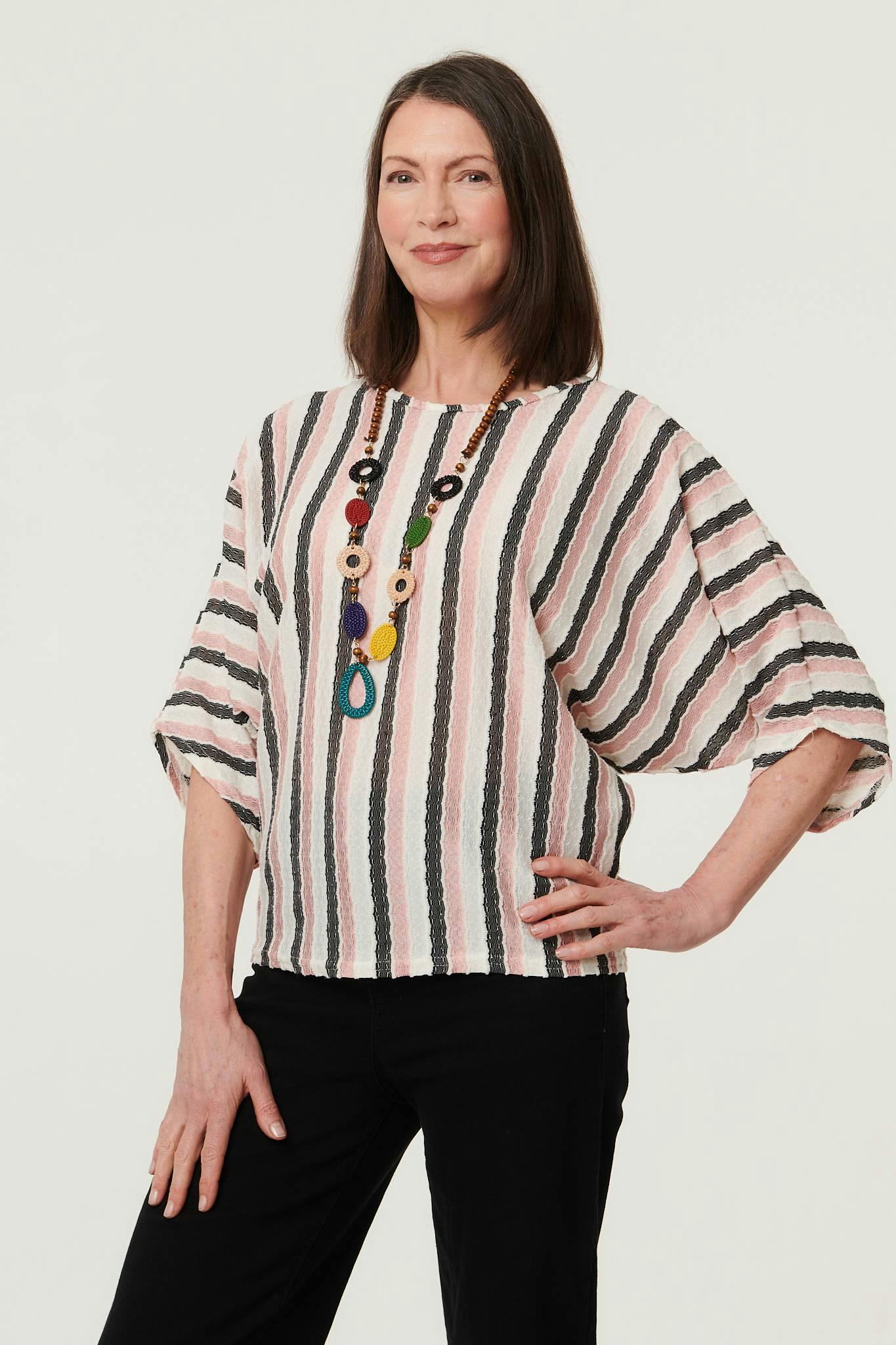 Izabel London Pink Striped 3/4 Sleeve Relaxed Necklace Top - 8/10