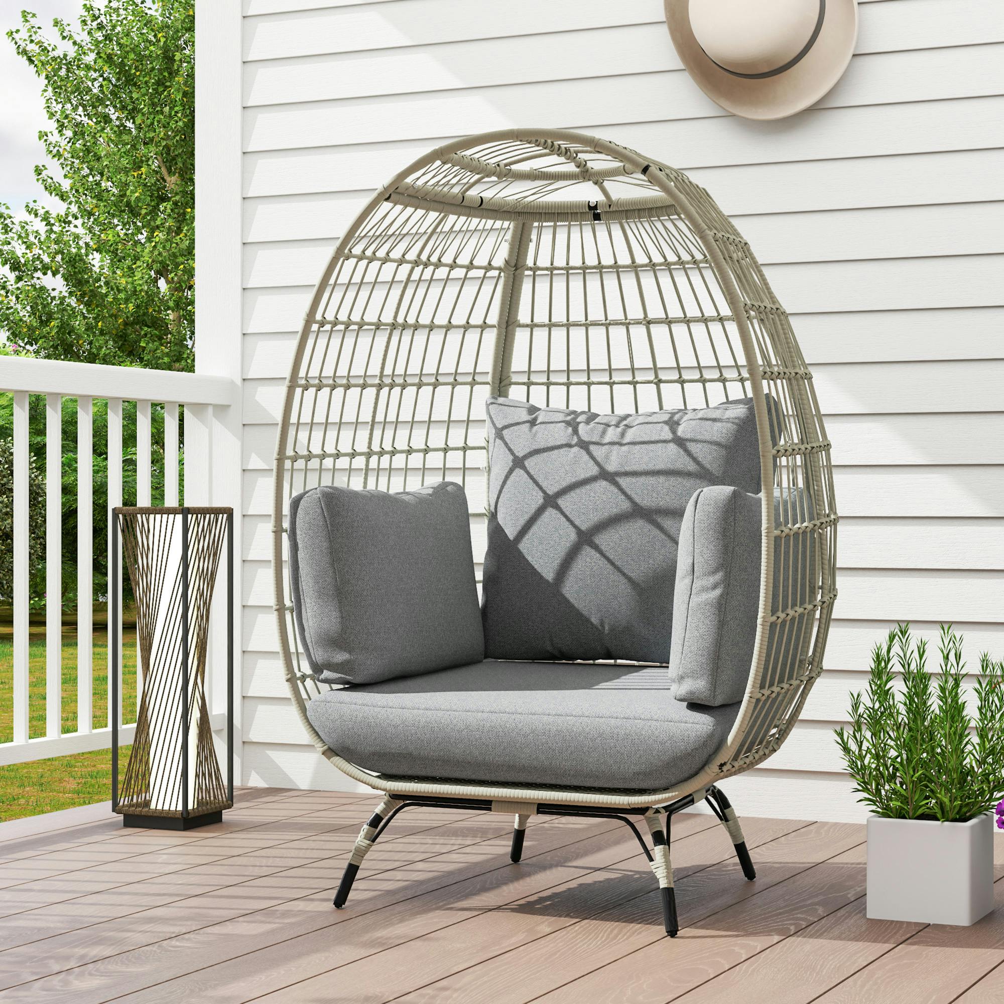 Outsunny Grey Pe Rattan Egg Chair W/ Padded Cushions For Garden, Charcoal