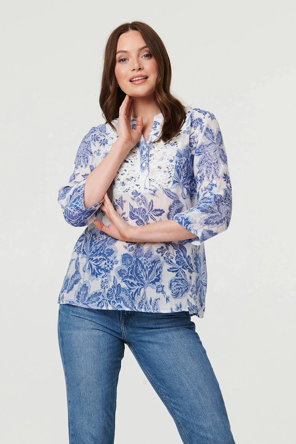 Izabel London Blue Floral Lace Detail 3/4 Sleeve Blouse - 12