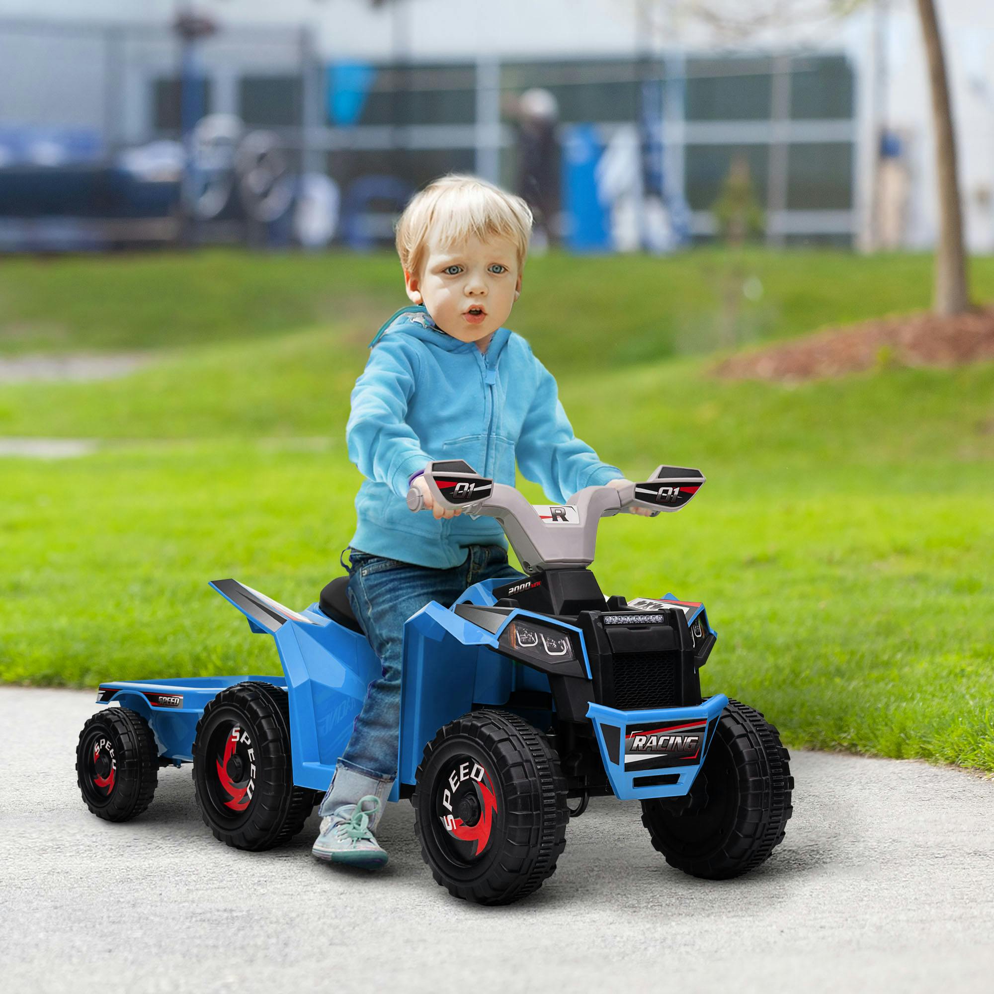 Homcom Blue Electric Quad Bike, 6V Kids Ride-On Atv With Back Trailer
