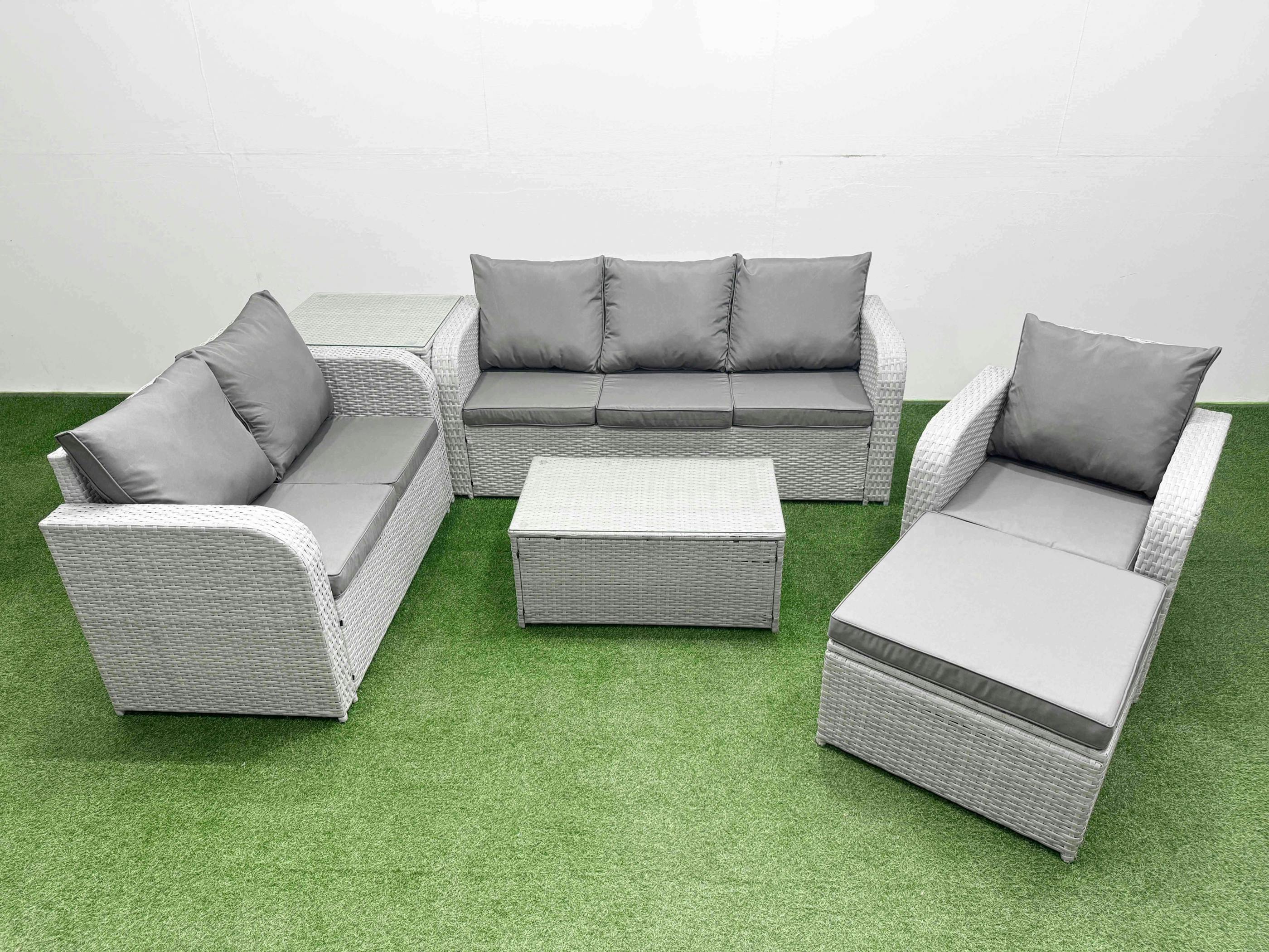Rackhams Light/Grey 7 Seater Garden Sofa Set, Pe Wicker Rattan, Coffee Table, Reclining Chair, Loveseat, 3 Seater Sofa, Big Footstool And Side Table,