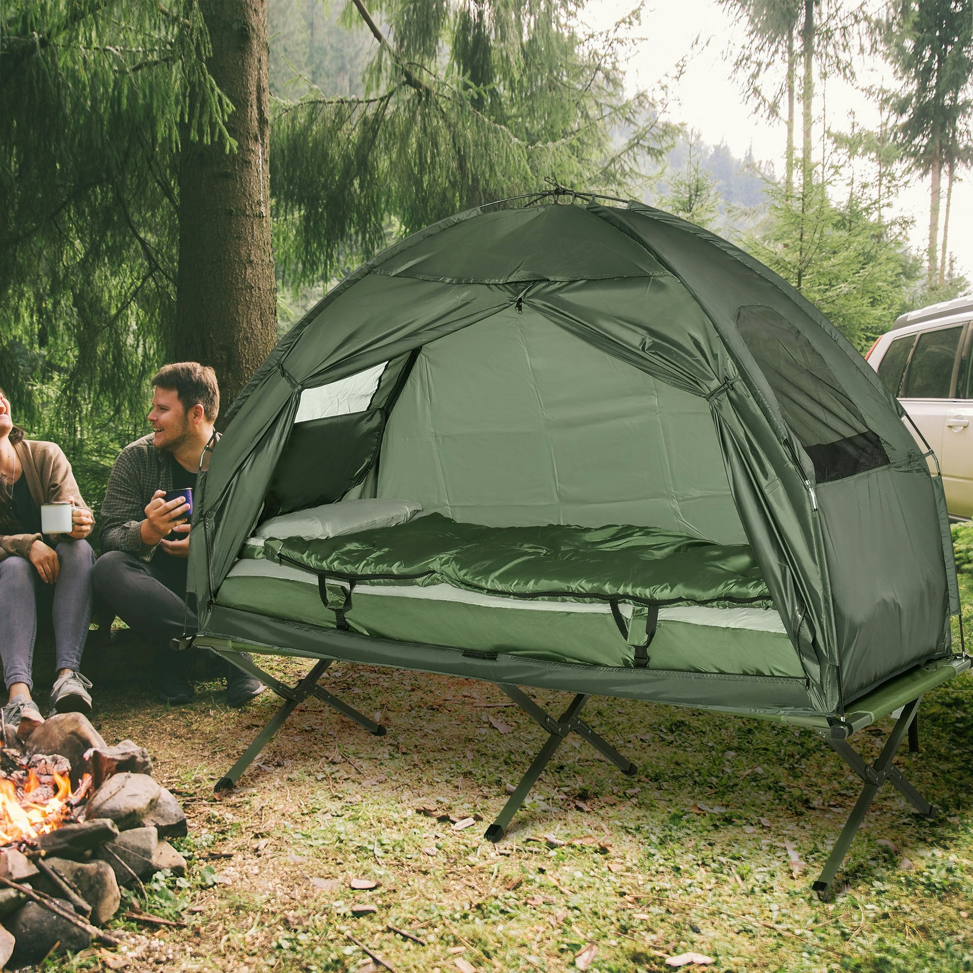 Outsunny Outdoor 1 Person Folding Dome Tent Hiking Camping Bed Cot W/ Sleeping Bag New - 193L X 86W X 160H Cm - 1 - Camping Bed