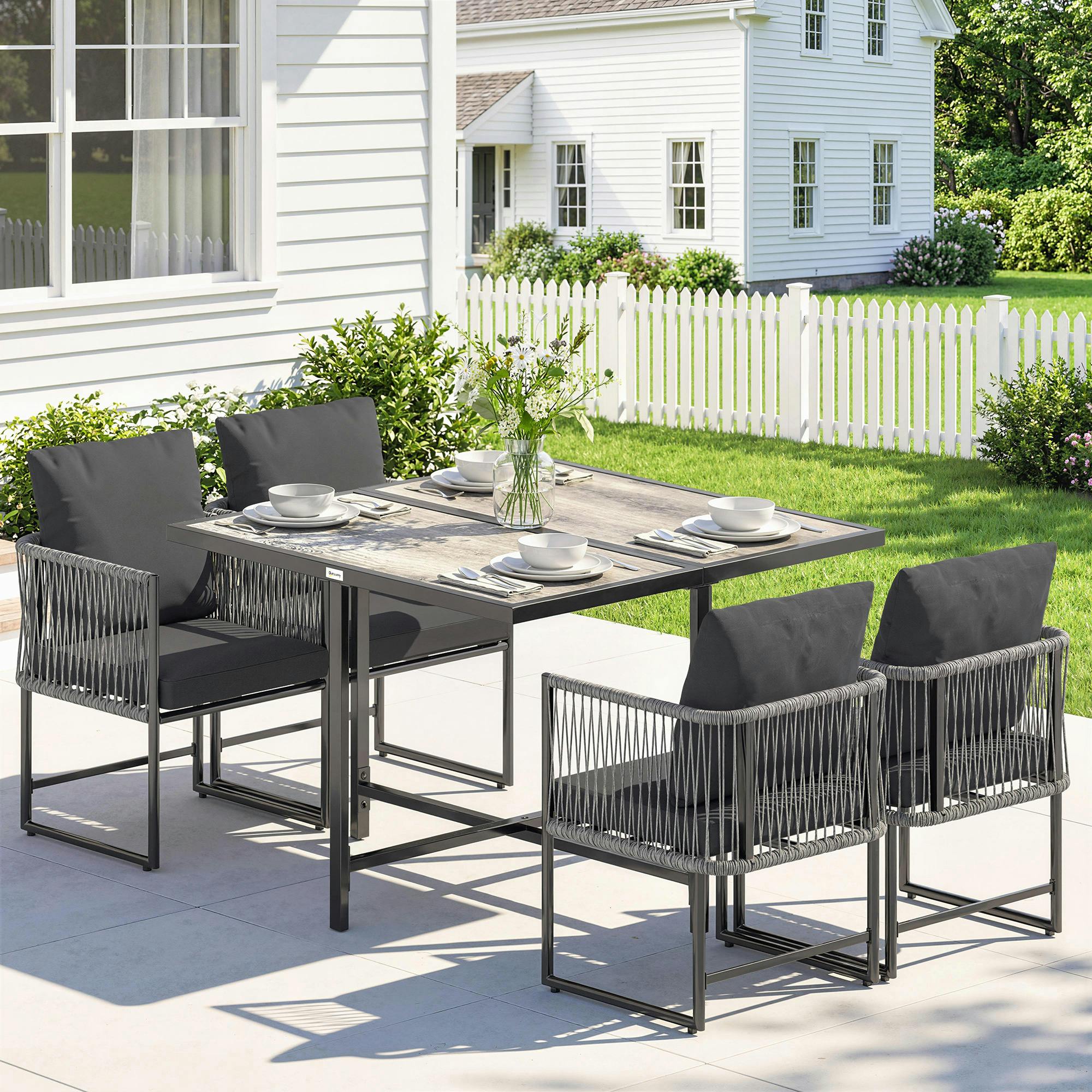 Rackhams Black/Grey 4-Seater Garden Dining Set With Space-Saving Chairs, - Steel, Dpc, Pe Rattan, Polyester - 5-Piece Set