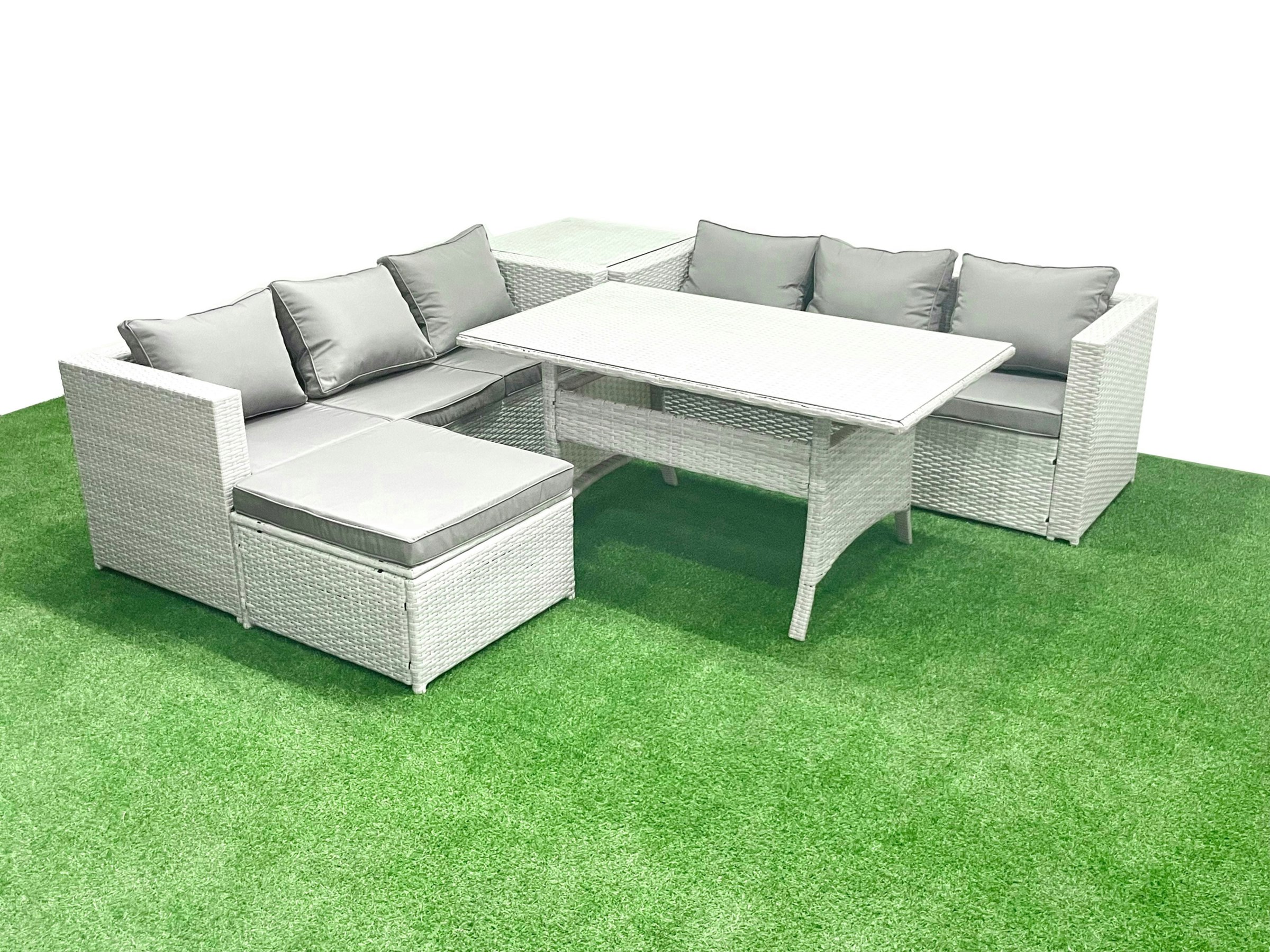 Fimous Light/Grey Rattan Garden Furniture Set 7 Seater Outdoor Sofa Set With Dining Table Side Table Big Footstool Mixed
