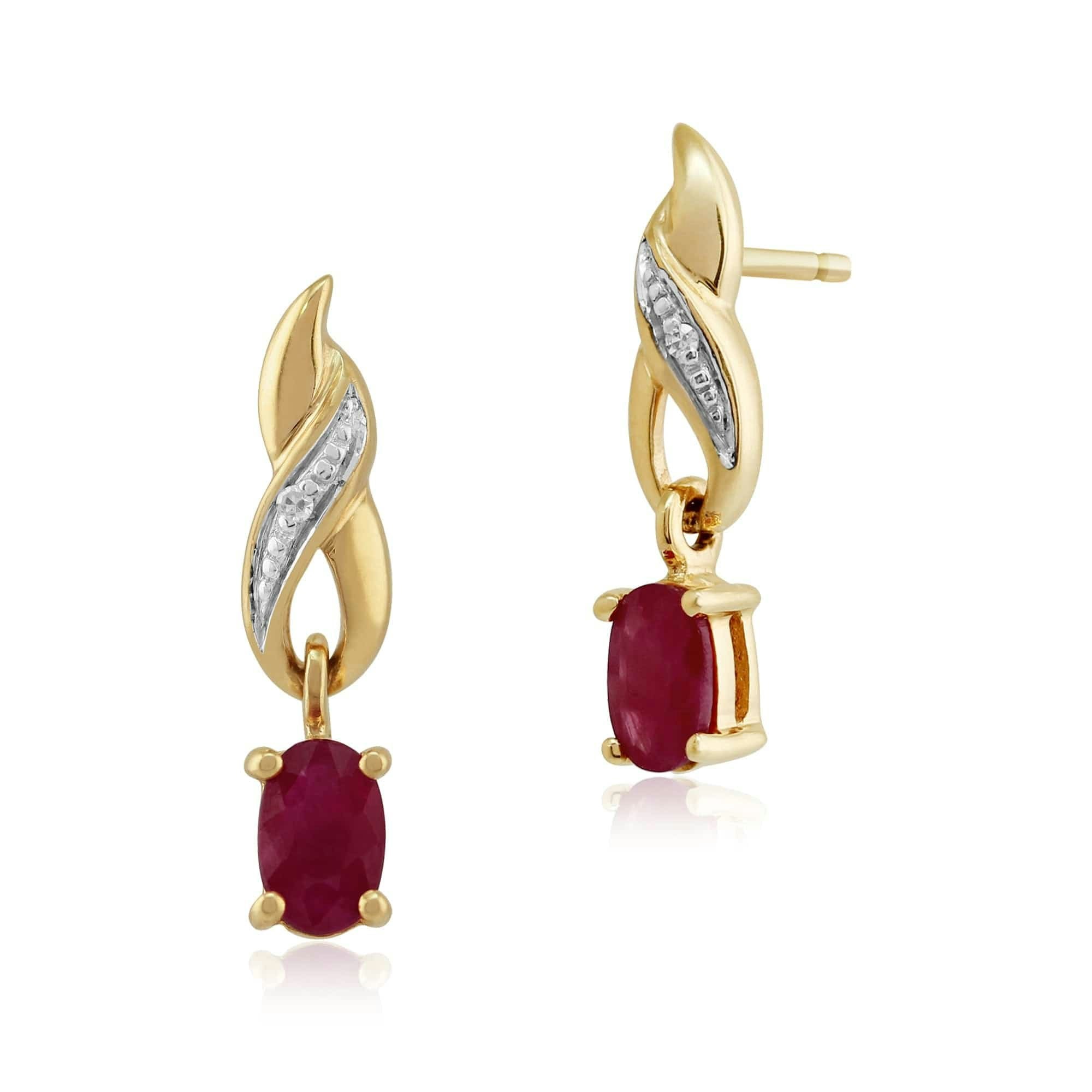 Gemondo Yellow/Gold Art Nouveau Oval Ruby & Diamond Drop Earrings In 9Ct