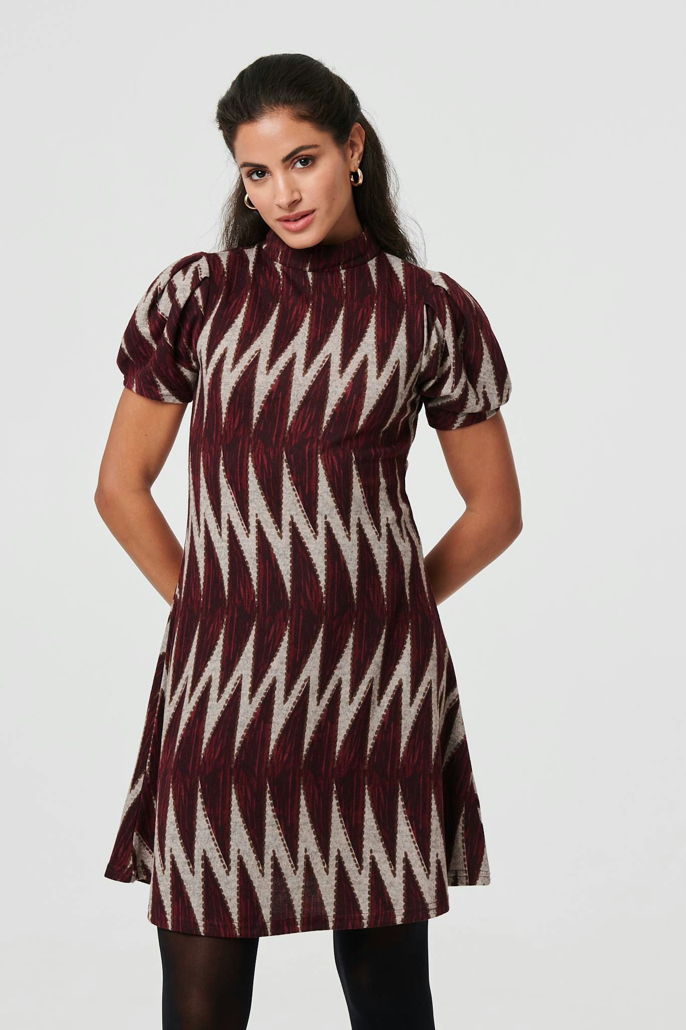 Izabel London Burgundy Geo Print Puff Sleeve Mini Skater Dress - 18