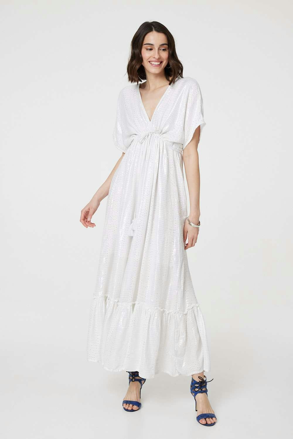 Izabel London White Dotty Empire Waist Kimono Maxi Dress - 12