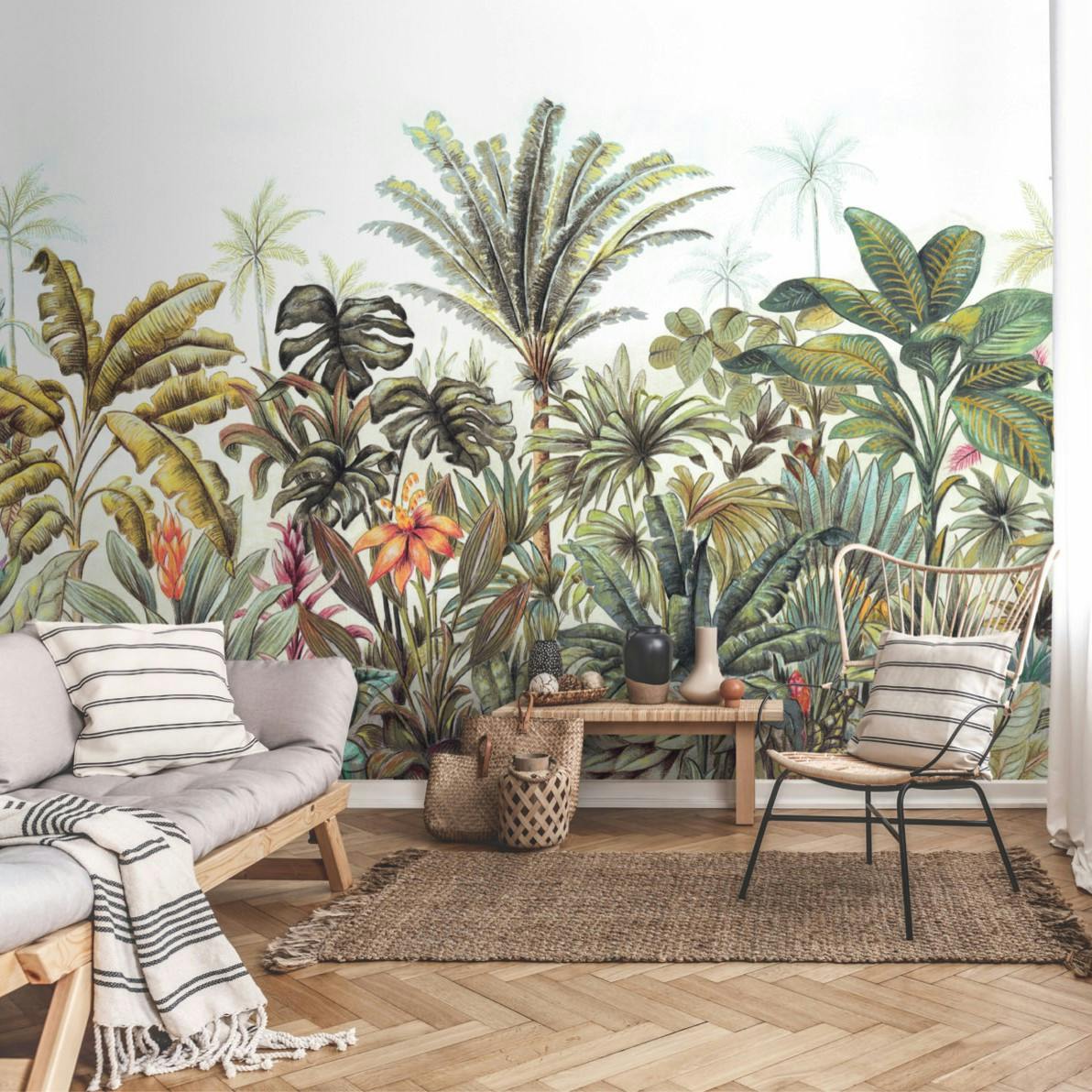 Grandeco Green Hayley Jungle Palm Trees 7 Lane Textured Mural, 3.71 X 2.8M, Multi