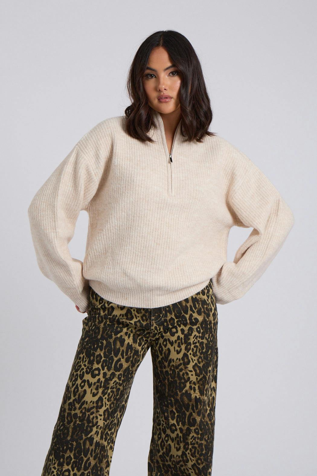 Urban Bliss Cream Ribbed Oversized Half Zip Jumper - S