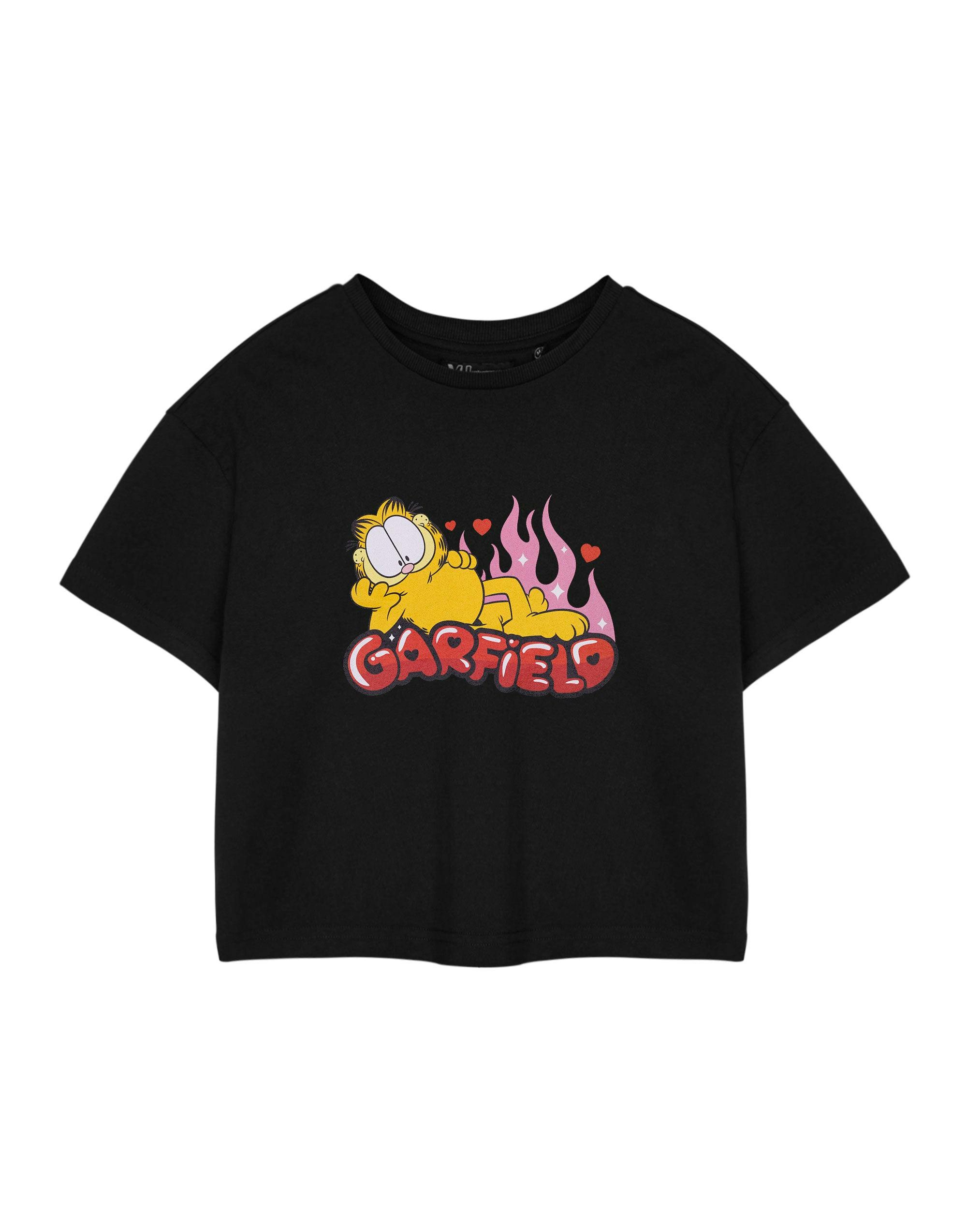 Vanilla Underground Women's Black Garfield Flames Cropped Short Sleeved T-Shirt - XXX-Large