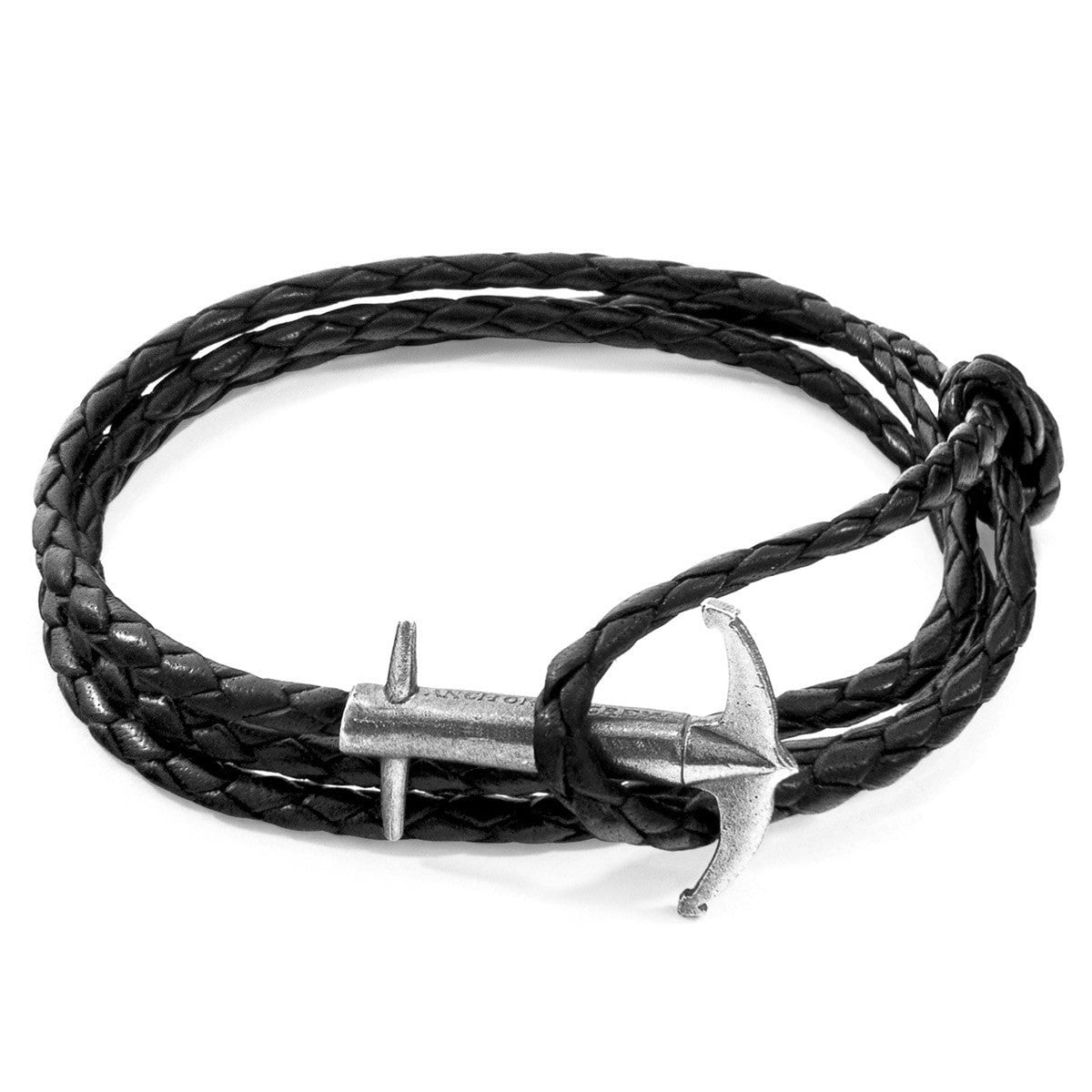 Anchor & Crew Coal/Black/Silver Admiral Anchor And Braided Leather Bracelet