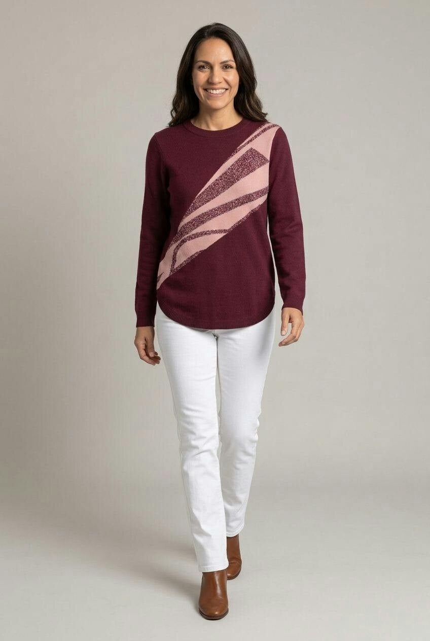 Izabel London Burgundy Abstract Sparkly Curve Hem Jumper - 12