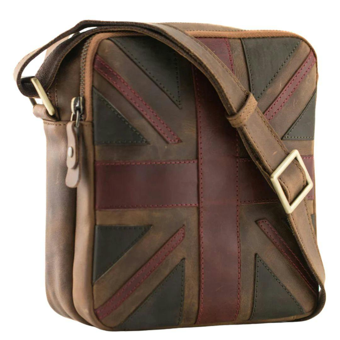 Mala Leather Unisex Brown Union Jack Vintage Double Zip Crossbody
