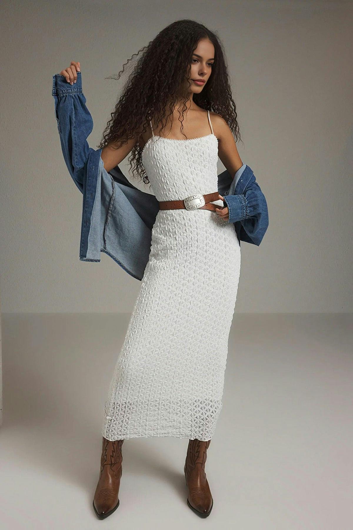 Wovcor White Lace Bodycon Strappy Midi Dress - S