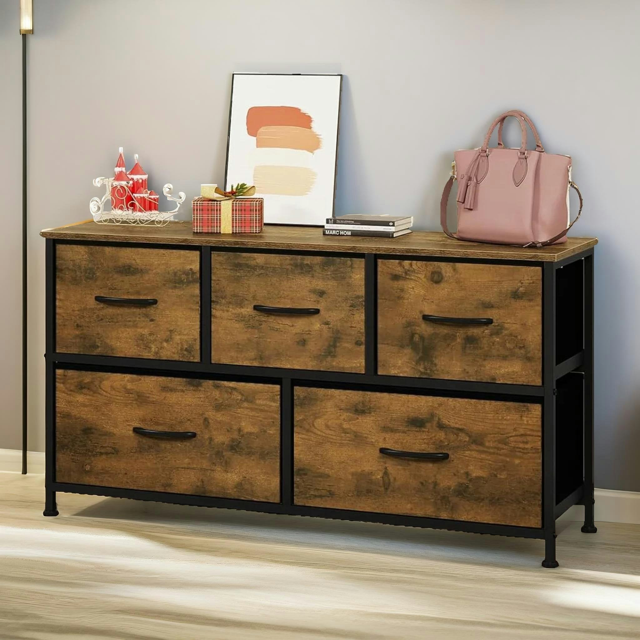 Rafaelo Mobilia Brown Bedroom Dresser With 5 Fabric Storage Drawers Rustic