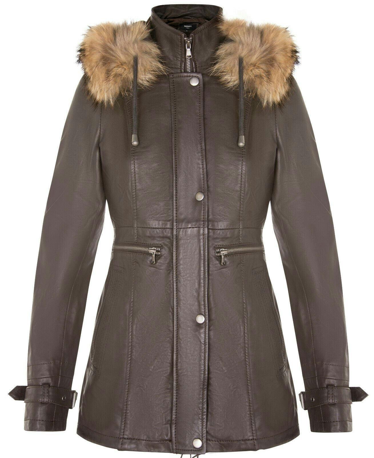 Infinity Leather Women's Brown Warm Leather Hooded Parka Jacket-Northwich - Uk 2XL/18 | Eu 44 | Us 14