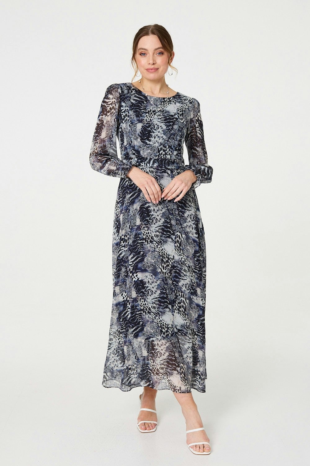 Izabel London Light Animal Print Semi Sheer Maxi Dress - Navy - 12