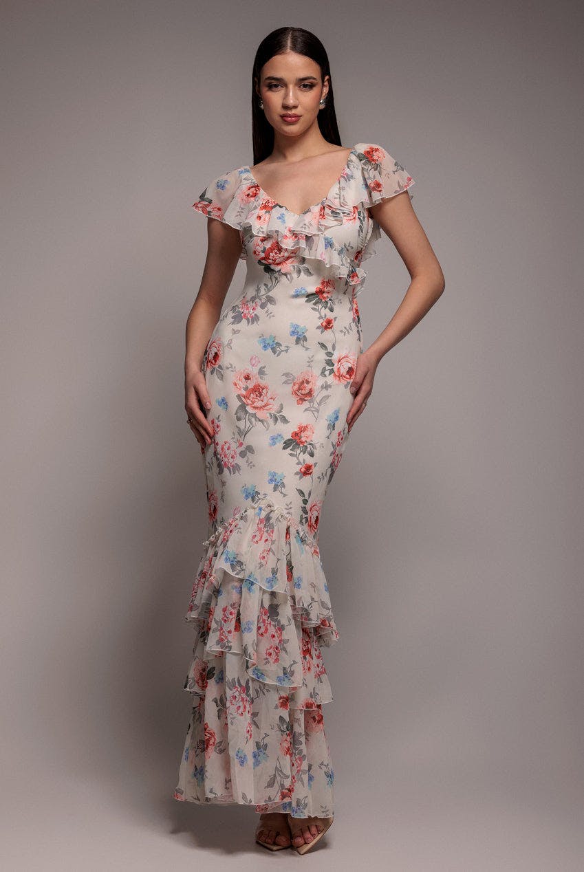 Goddiva Cream Floral Printed Chiffon Ruffle Maxi - By - 12