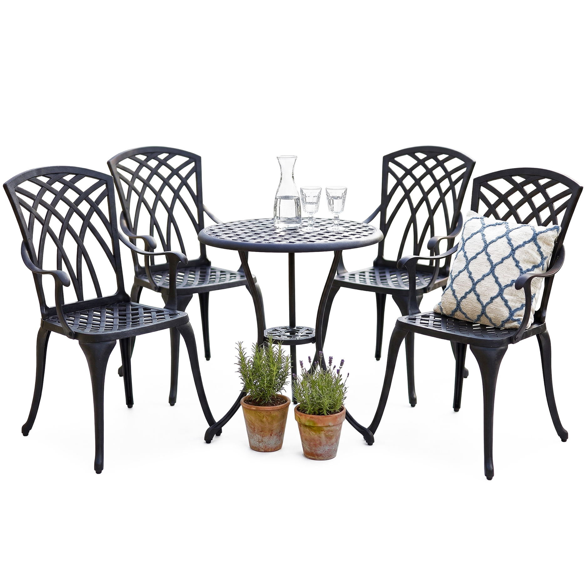 Rackhams Black Oshowa Garden And Patio Table And 4 Large Chairs With Armrests Cast Aluminium Bistro Set