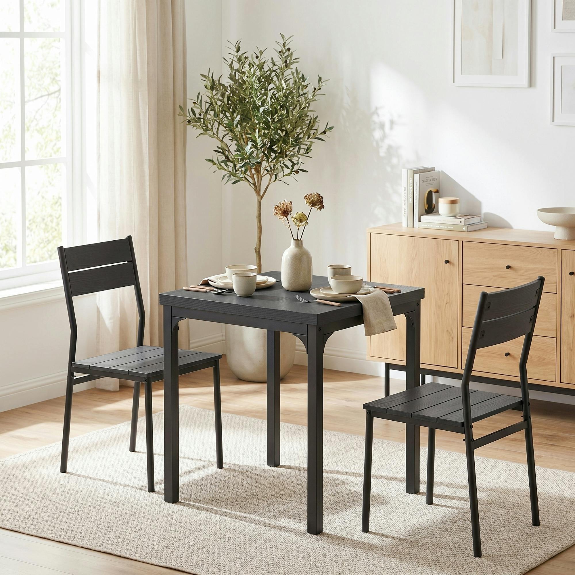 Homcom Black 3 Pcs Compact Dining Table 2 Chairs Set Wood Effect