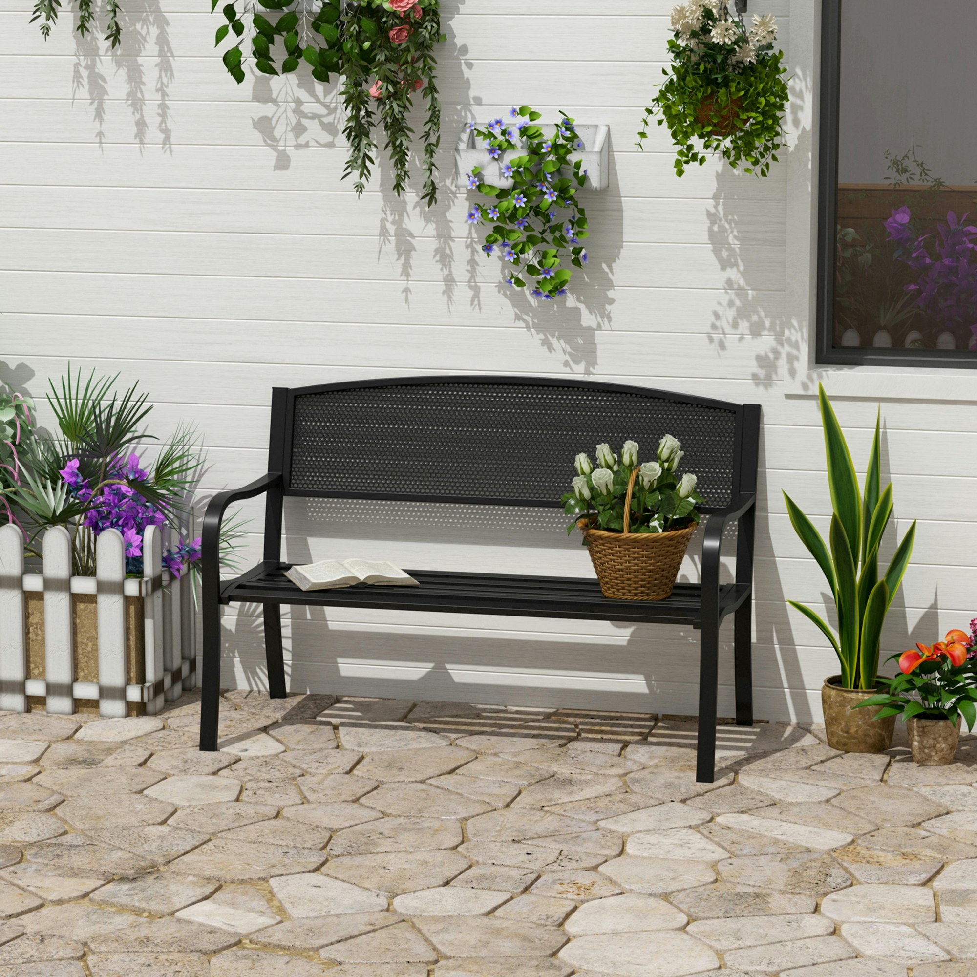 Rackhams 2 Seater Metal Bench Patio Park Loveseat Garden Chair Outdoor Seating