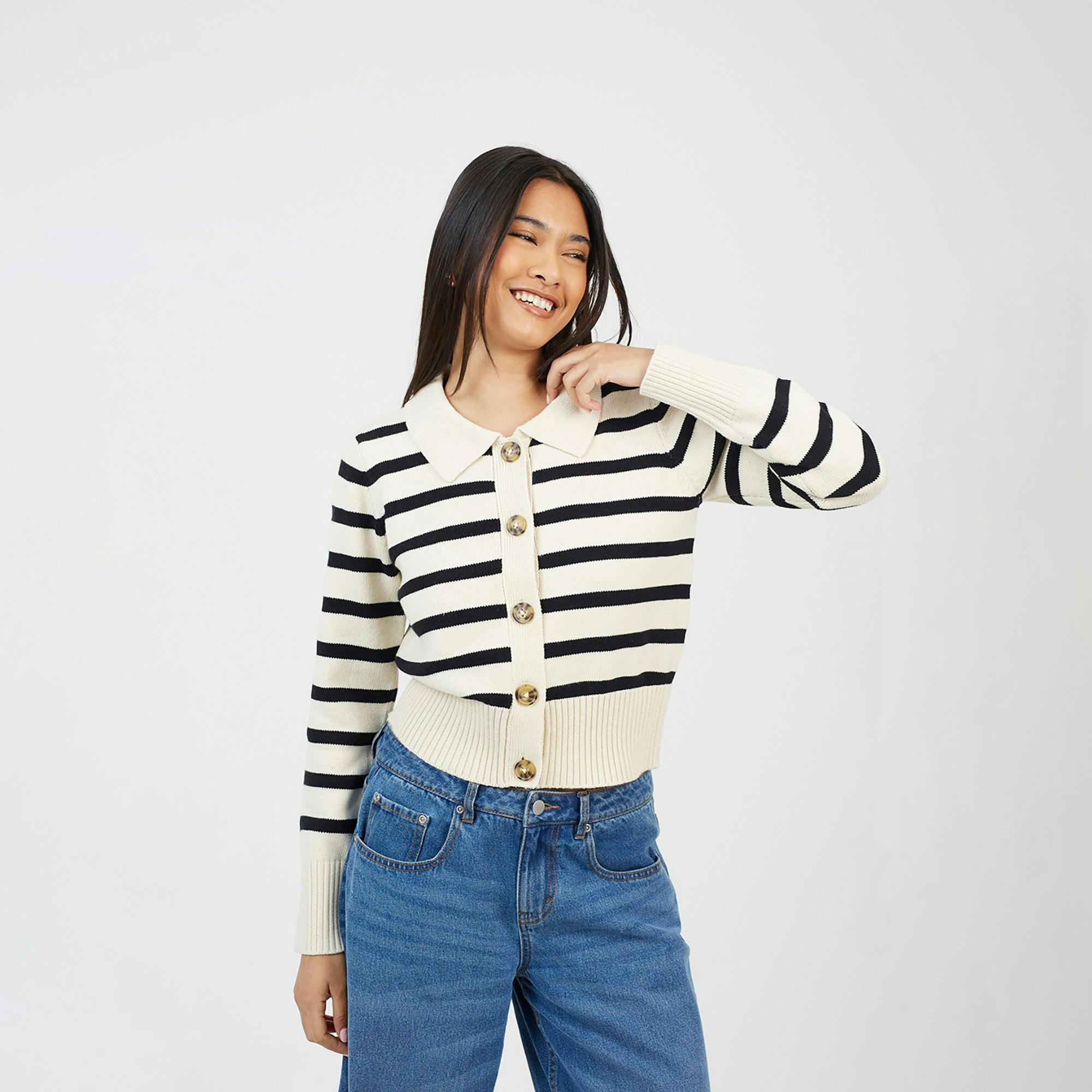 Brave Soul Cream Stripe Collared Cardigan - Xs