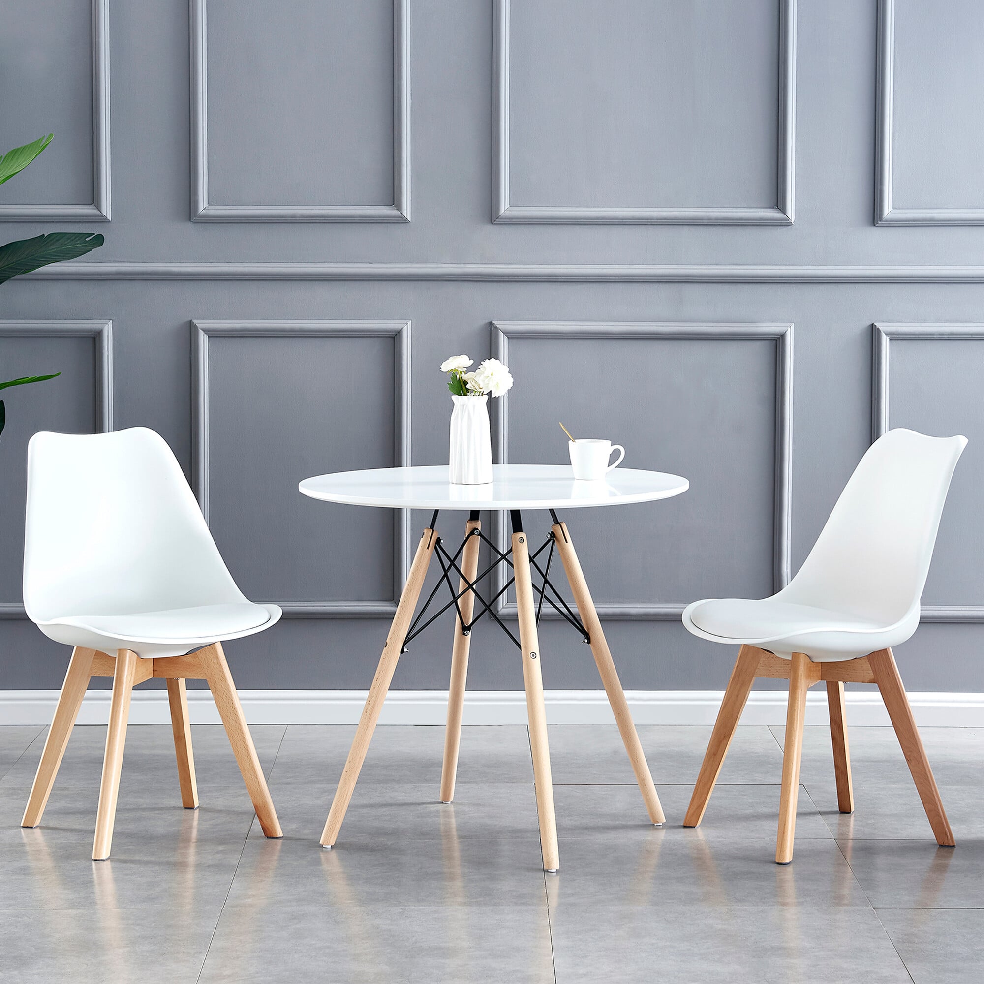 Rackhams White Set Of 2 Dining Chairs With Solid Wooden Legs And Seat Cushion Pad Eva