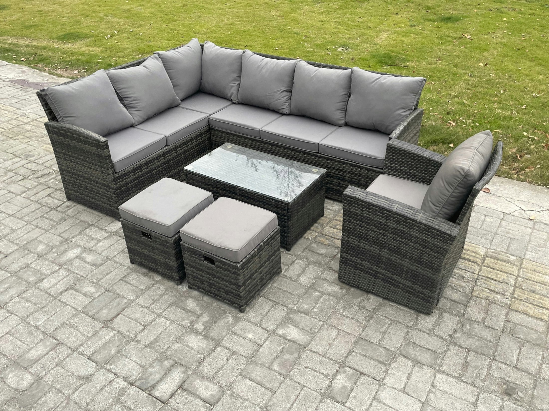Rackhams Dark/Grey Rattan Lounge Corner Sofa Set Wicker Pe Outdoor Garden Furniture Set With Rectangular Coffee Table 2 Small Footstools Chair Mixed