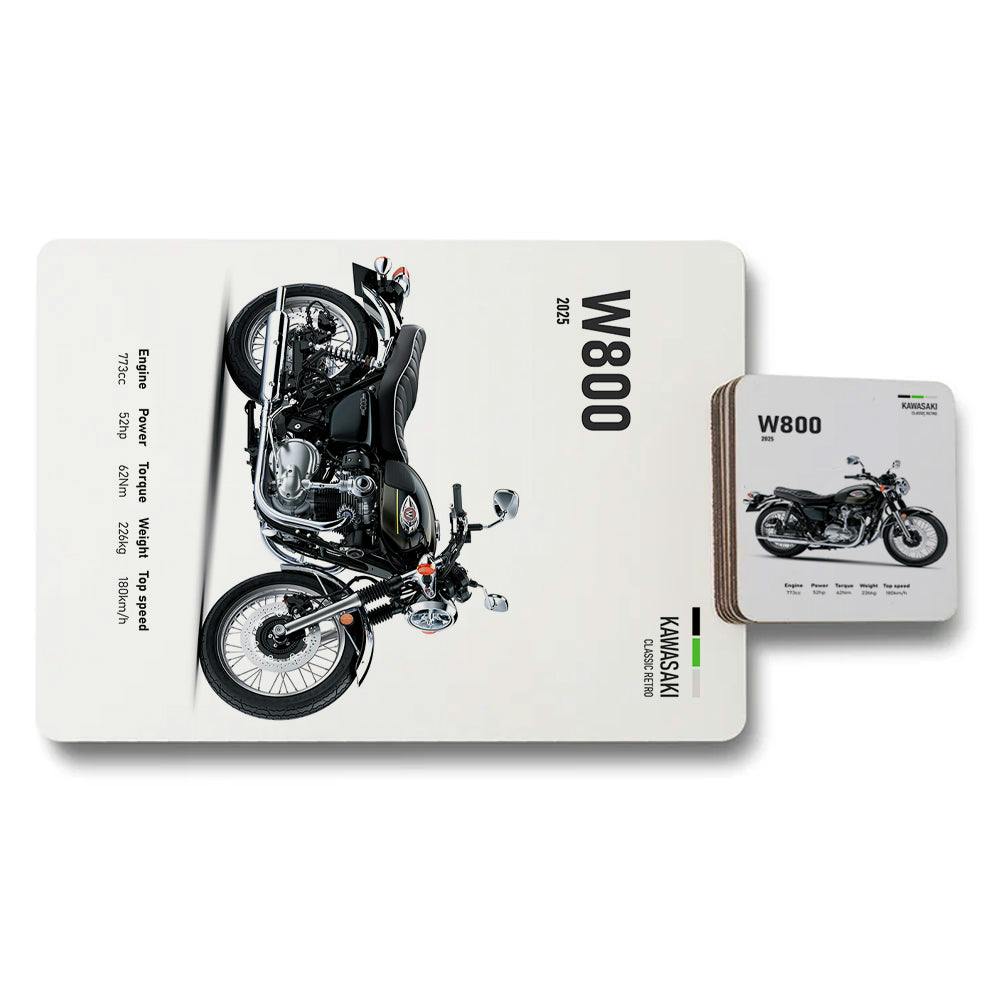 Benjamin Tate Design Kawasaki W800 Placemats And Coasters Set, Designer Artwork, Wood Bottom, Limited Edition