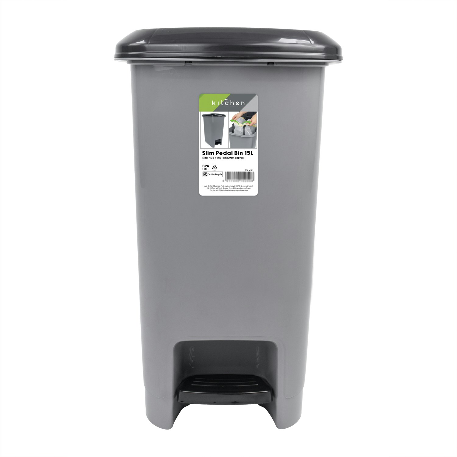 Rackhams Grey Slim Plastic Lidded Foot Pedal Waste Bin, 15L, - 1