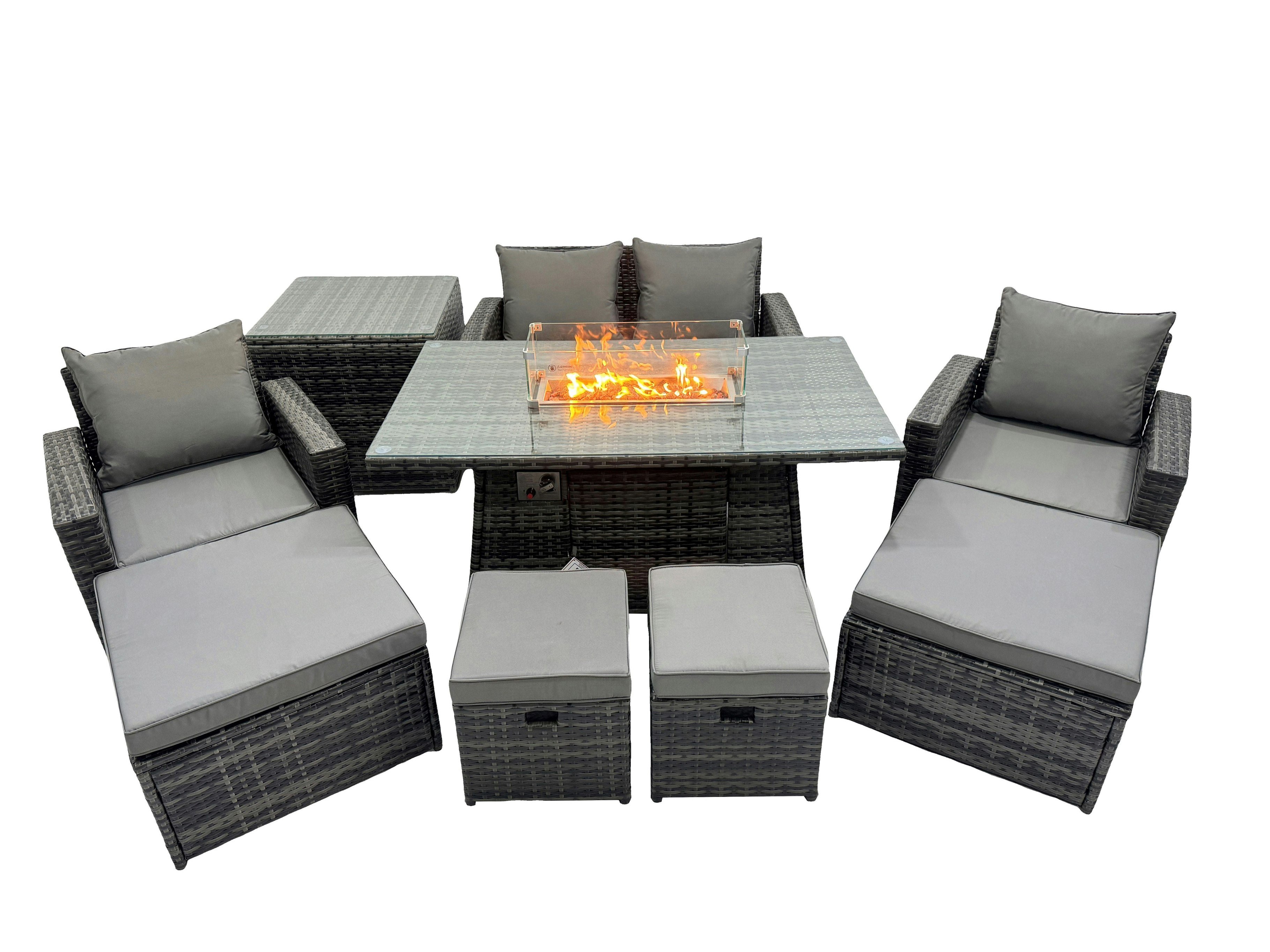 Fimous Dark/Grey 8 Seater Rattan Garden Furniture Set With Love Sofa, Gas Fire Pit Dining Table, 2 Chairs, 4 Footstools, Side Table