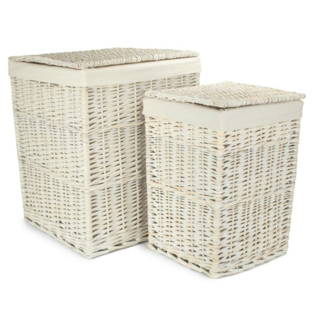 Red Hamper Red/White Hamper Set Of 2 Square Wash Wicker Laundry Basket With Cotton Lining