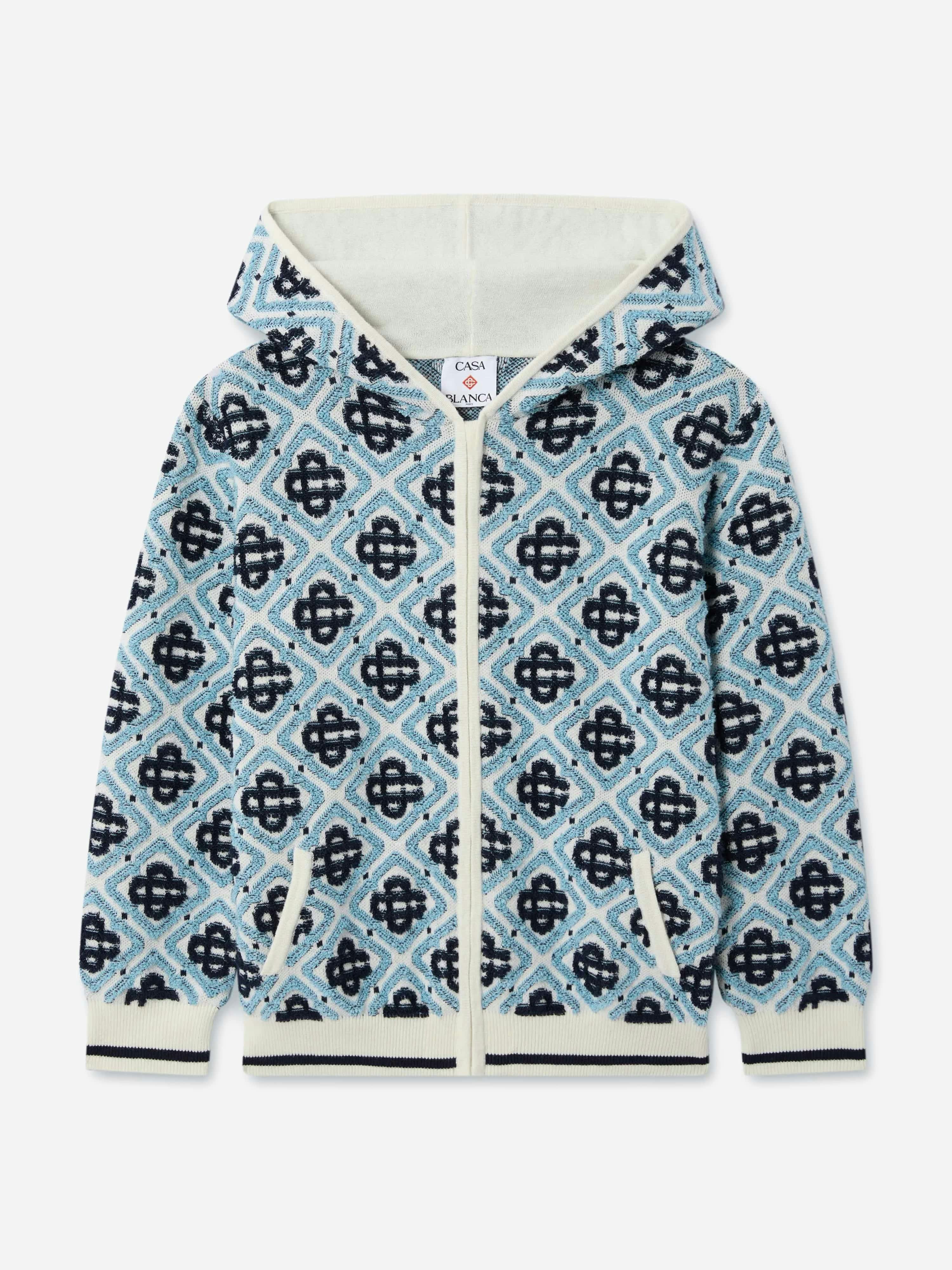 Casablanca Boys Textured Monogram Zip-Up Hoodie in Blue, Cotton Knit Sweatshirt for 5-6 Years - Image 3