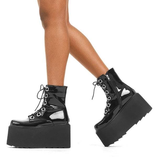 Lamoda Women's Black Renegade Patent Chunky Platform Ankle Boots Stylish Footwear - Uk5