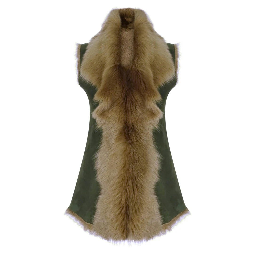 Infinity Leather Women's Leather Company Spanish Shearling Sheepskin Toscana Olive Long Waistcoat Gilet - X-Small