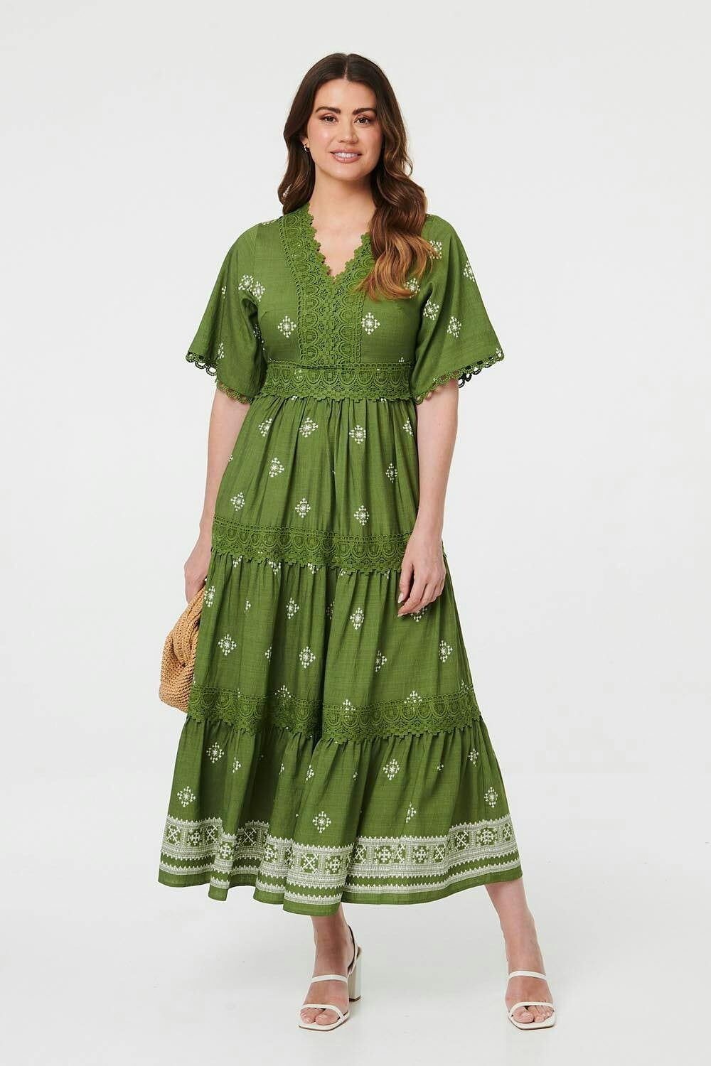 Izabel London Light Border Print 1/2 Sleeve Maxi Dress - 8 - Sage