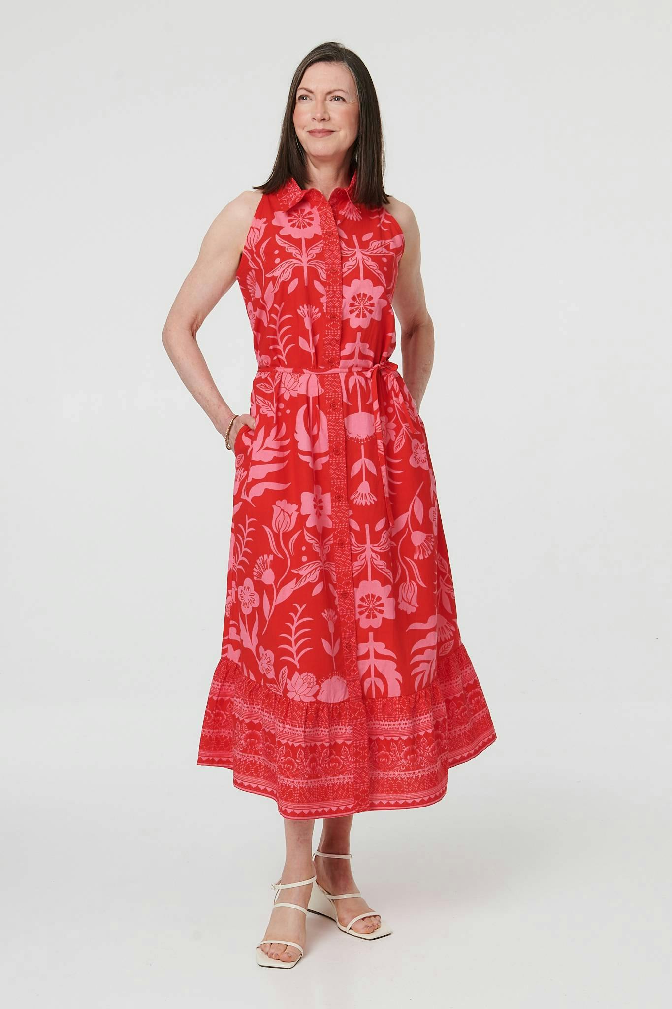 Izabel London Orange Floral Tie Waist Sleeveless Midi Dress - 10