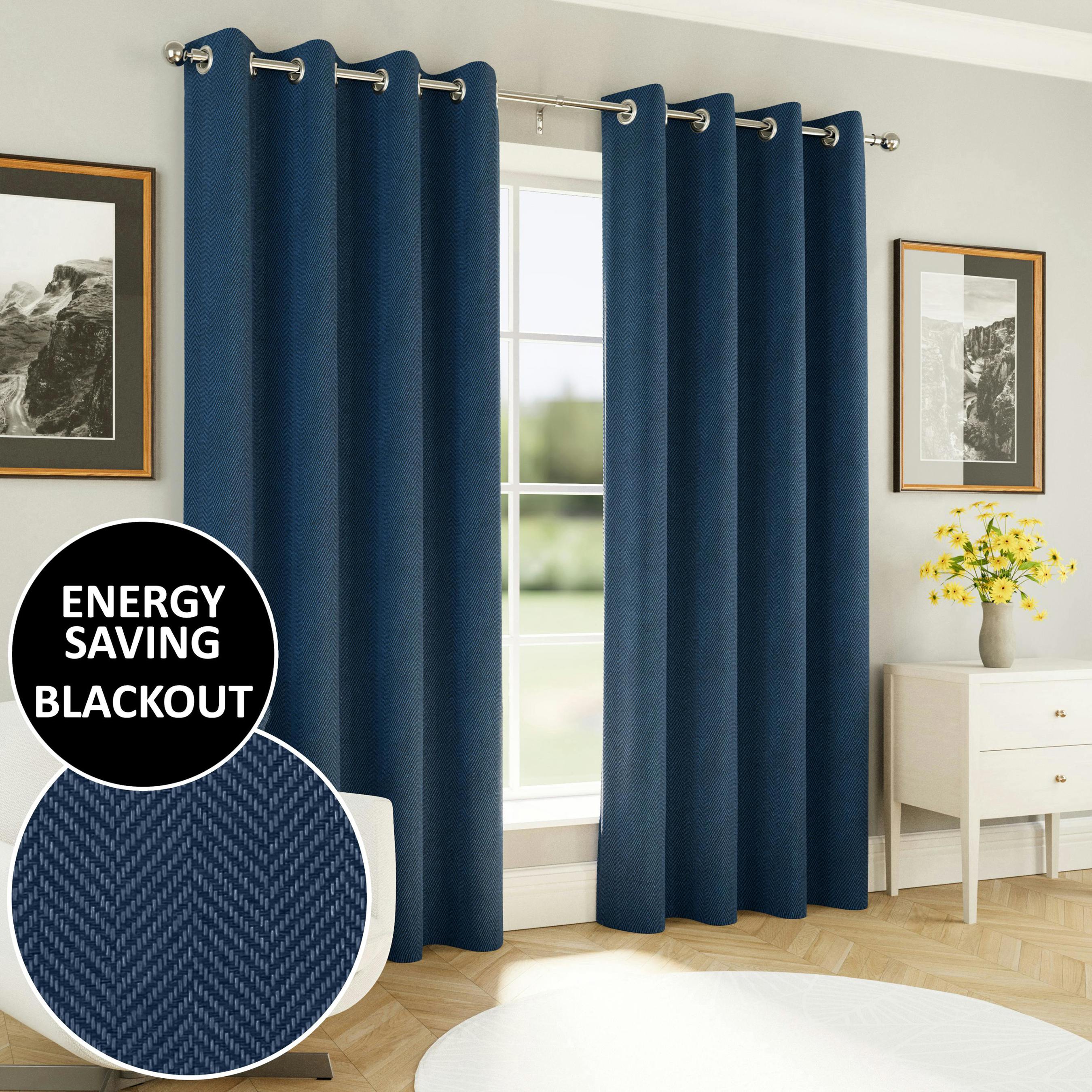 Rackhams Light Navy Herringbone Jacquard Blackout Eyelet Curtains - Bedroom & Living Room - 66" (168Cm) Width X 90" (229Cm) Drop