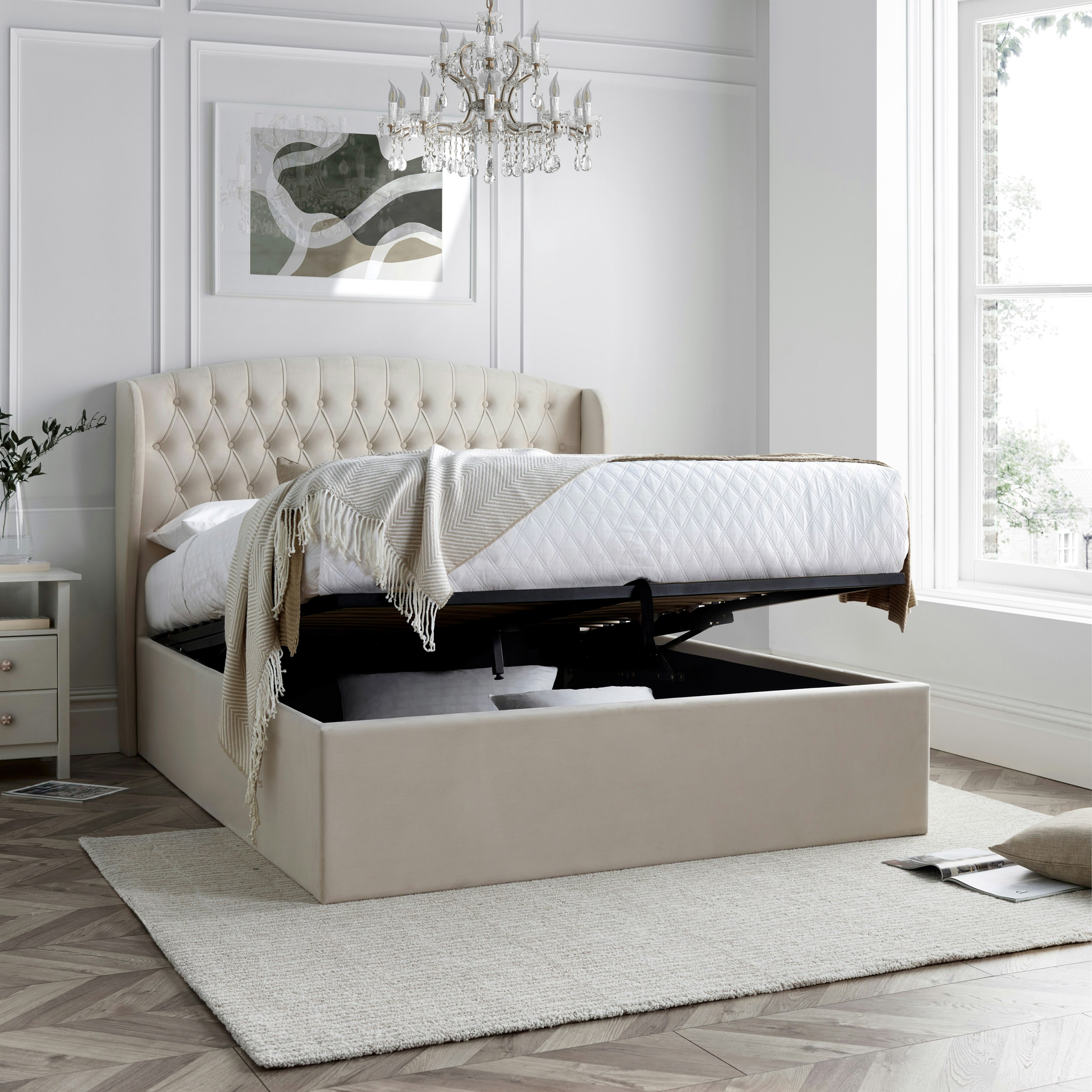 Bedmaster Grey Warwick Natural Velvet Ottoman Bed - Double