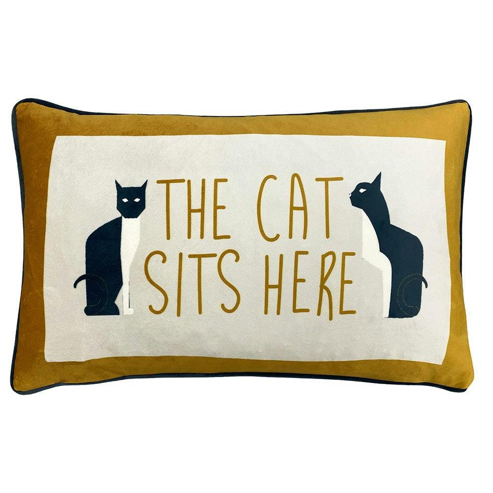 Rackhams White/Blue/Grey The Cat Sits Here Rectangular Cushion Cover - 30Cm X 50Cm - 100% Polyester