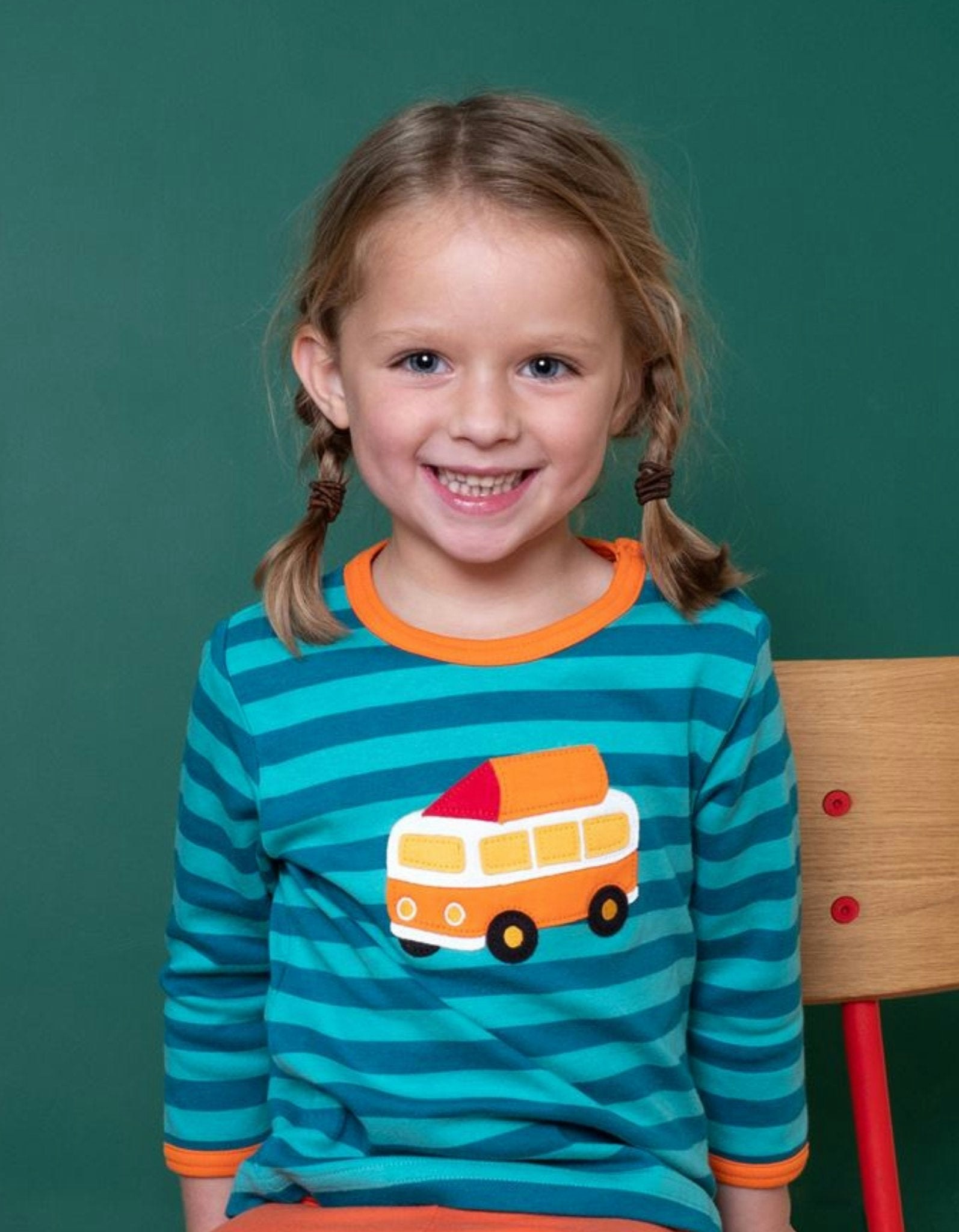 Toby Tiger Green/Orange Organic Campervan Applique Long-Sleeved T-Shirt - 4-5Y / 110Cm