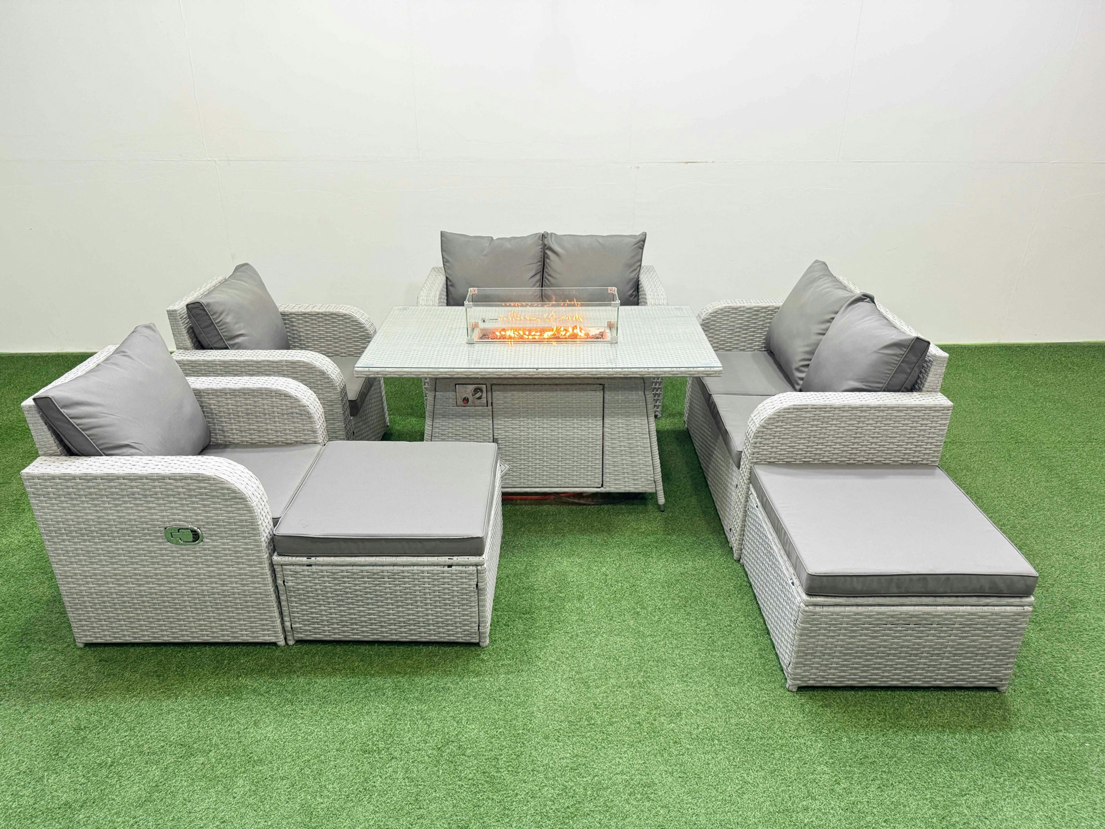 Fimous Light/Grey 8 Seater Outdoor Reclining Chair Love Sofa Set Rattan Garden Furniture Set With Fire Pit Dining Table 2 Big Footstools