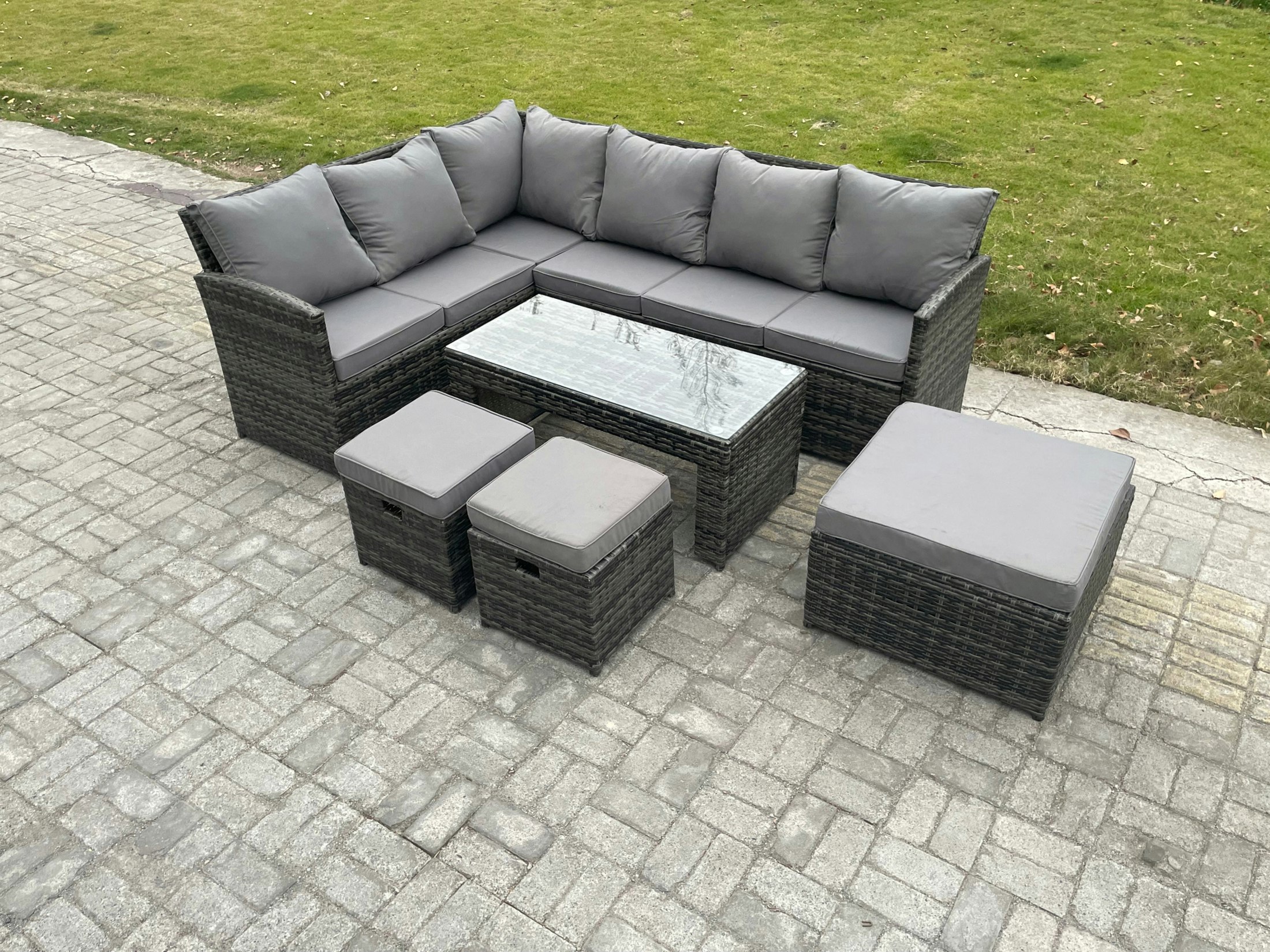Fimous Dark/Grey 9 Seater Outdoor Rattan Garden Furniture Set Corner Sofa Oblong Coffee Table Sets With Patio 3 Footstools Mixed