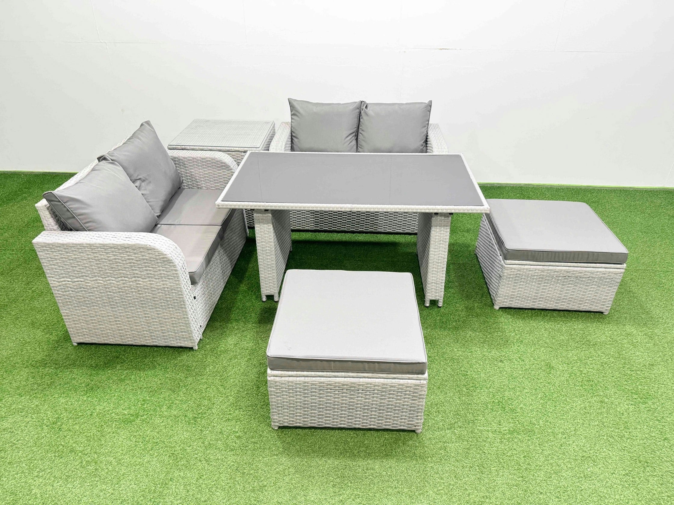 Rackhams Light/Grey 6 Pieces Outdoor Pe Rattan Sofa Set Patio Garden Furniture Sets With Cushions Side Table 2 Big Stools
