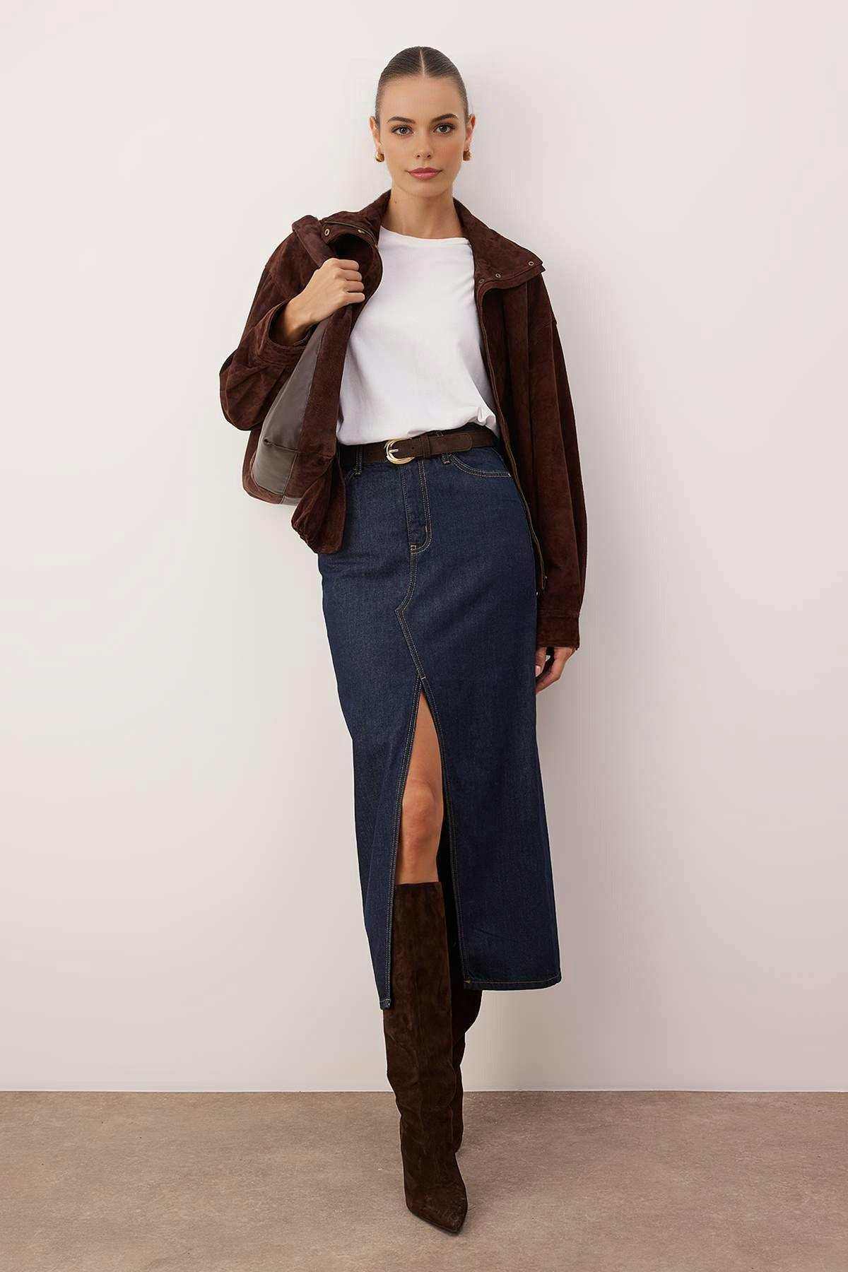 Wovcor Dark/Blue Maxi Denim Skirt With Slit - 10
