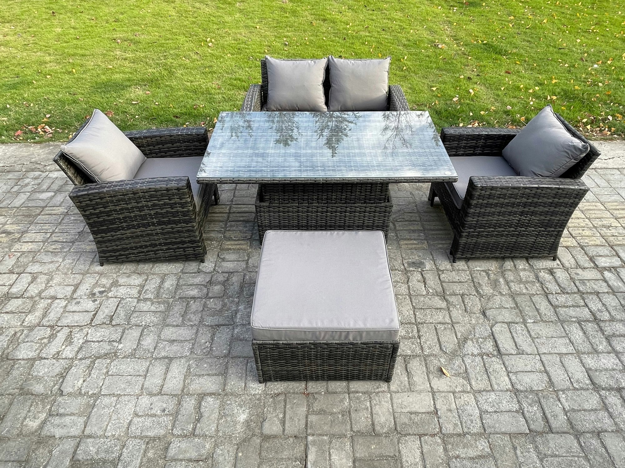 Fimous 5 Pcs Outdoor Lounge Sofa Set Wicker Pe Rattan Garden Furniture Set With Armchair Squar Coffee Table 2 Small Footstools Dark Grey Mixed - Image 2